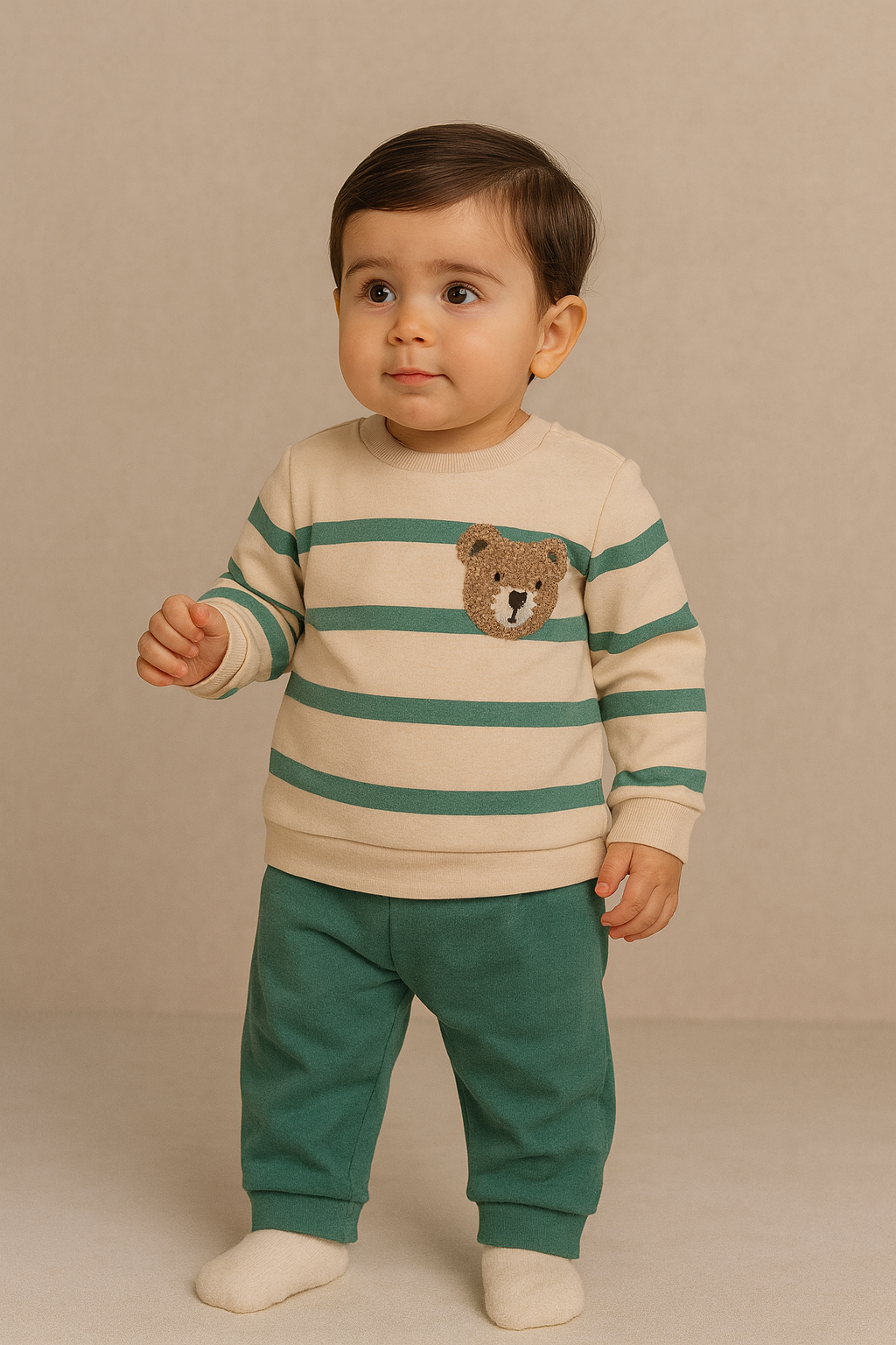 22512G1012 ÇİZGİLİ TEDDY BEBEK TULUM Yeşil