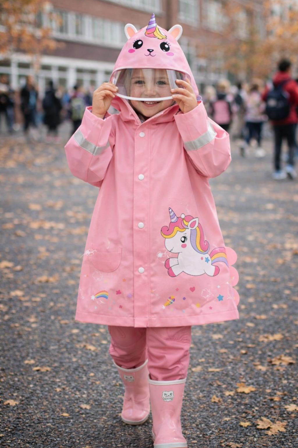 Kız Çocuk Unicorn Desenli Şapkalı Yağmurluk Pembe