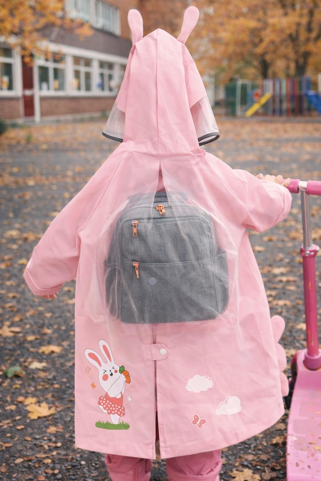 Kız Çocuk Tavşan Desenli Şapkalı Yağmurluk Pembe