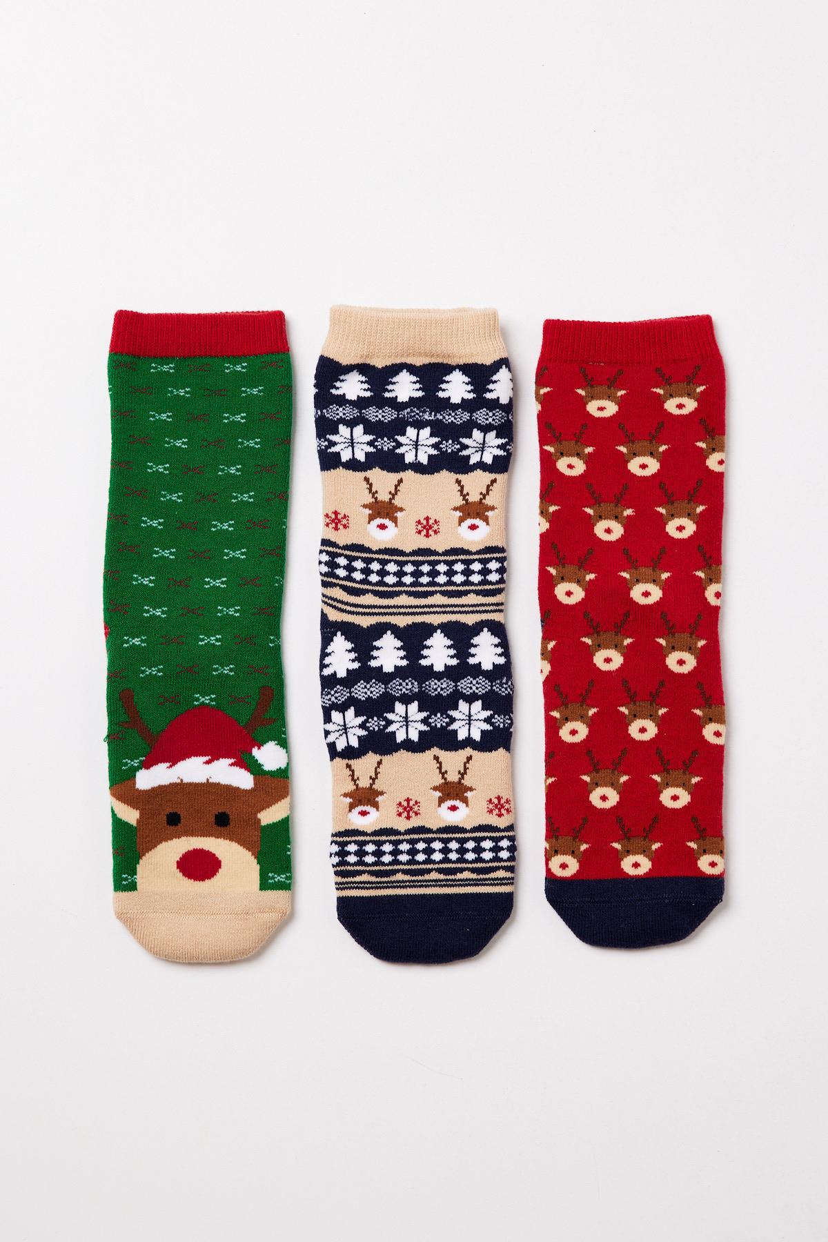 3lü Paket Deer Kutu Çocuk Soket Çorap Kırmızı