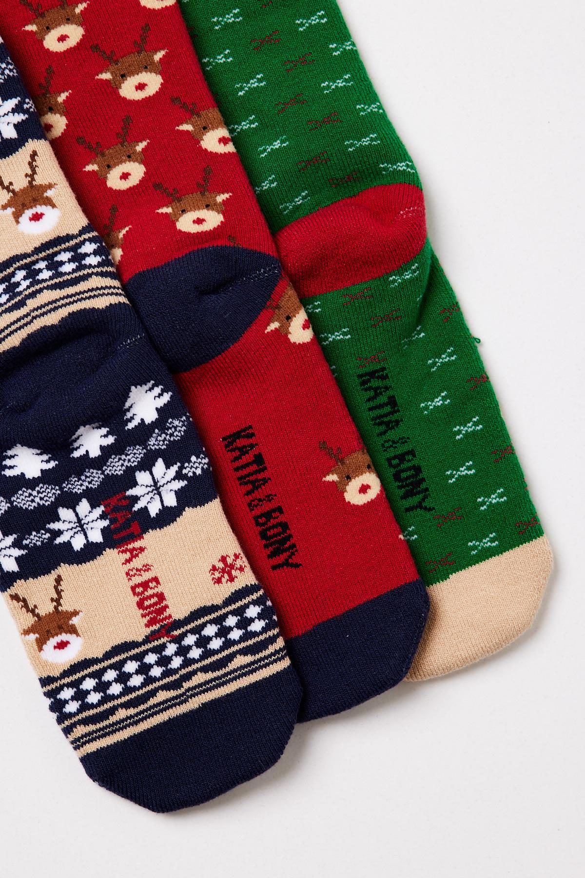 3lü Paket Deer Kutu Çocuk Soket Çorap Kırmızı