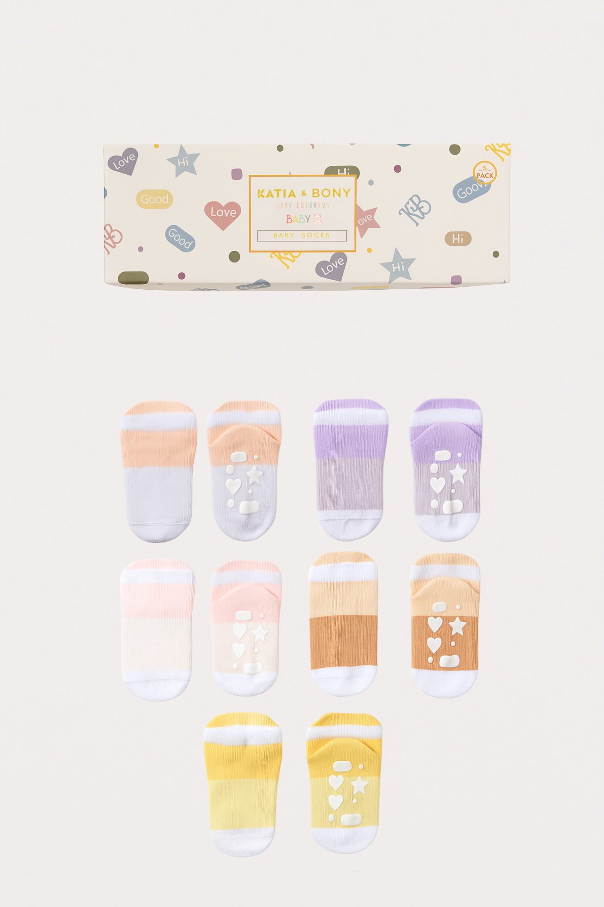 Baby Striped Patterned Heart Detail 5-Piece Pack Boxed Socks