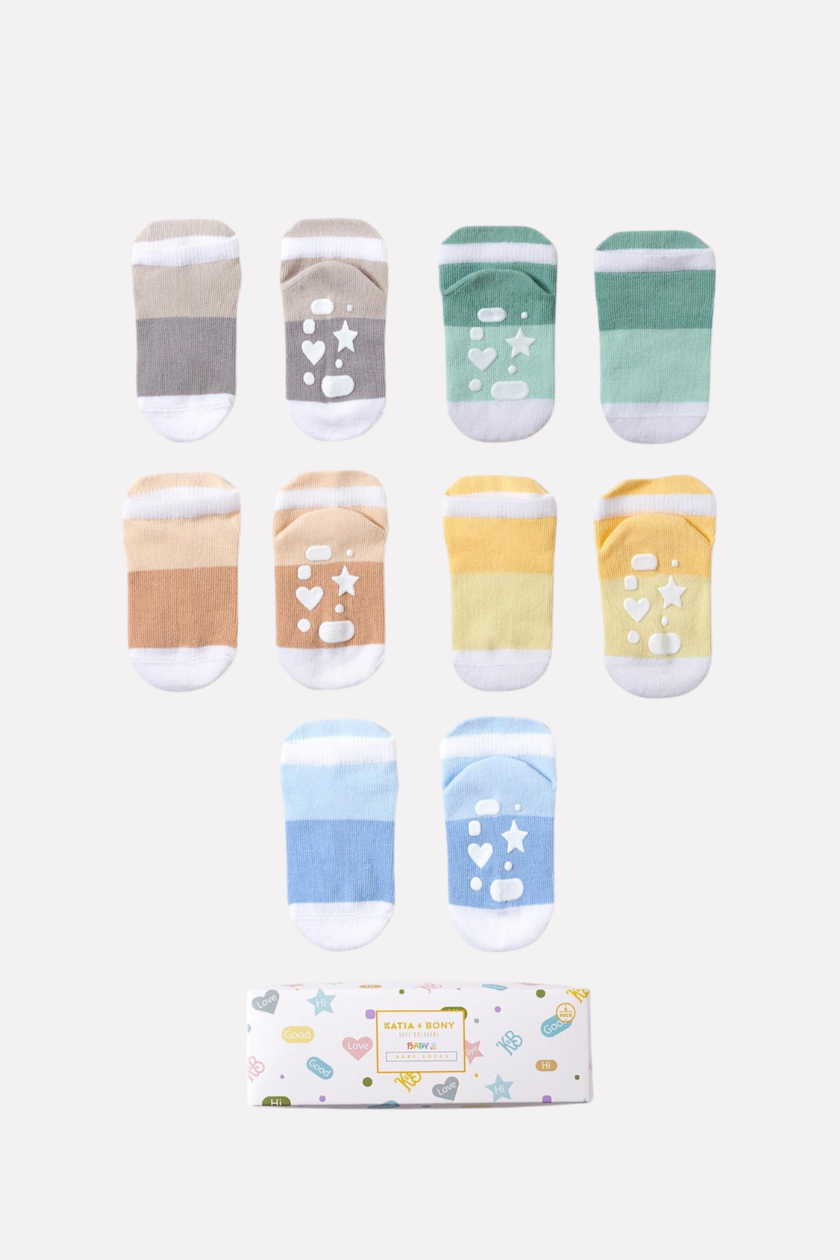 Bebek Şerit Desenli Tabanı Kalp Detaylı 5li Paket Kutulu Patik Çorap