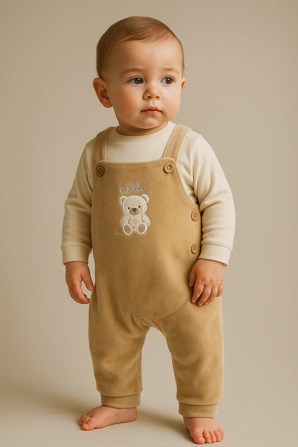 Bebek Teddy Desenli Düğmeli Tulum Ekru