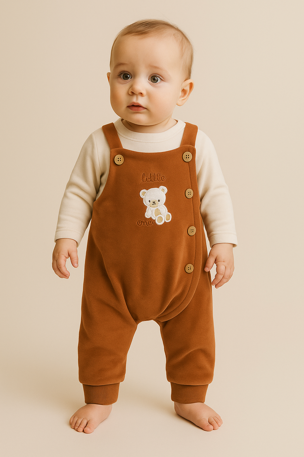 Bebek Teddy Desenli Düğmeli Tulum Kahverengi