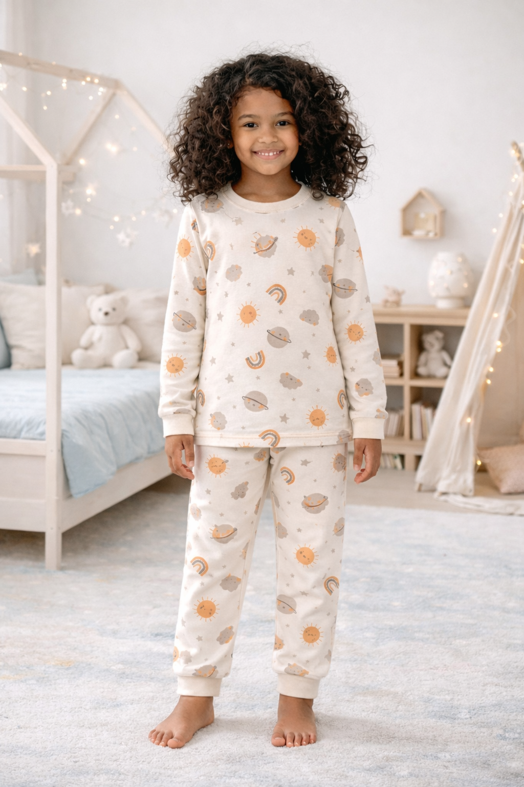 Çocuk Gezegen Desenli Pijama Takımı Ekru