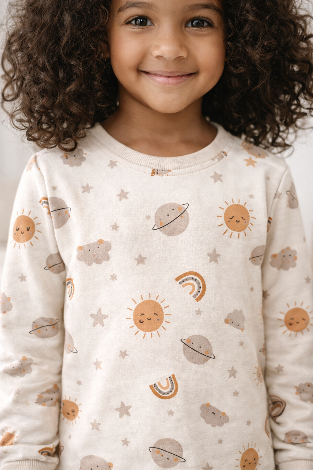 Çocuk Gezegen Desenli Pijama Takımı Ekru