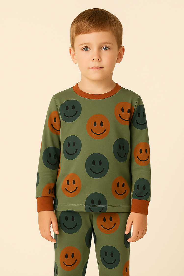 Çocuk Gülen Yüz Desenli Pijama Takımı Yeşil