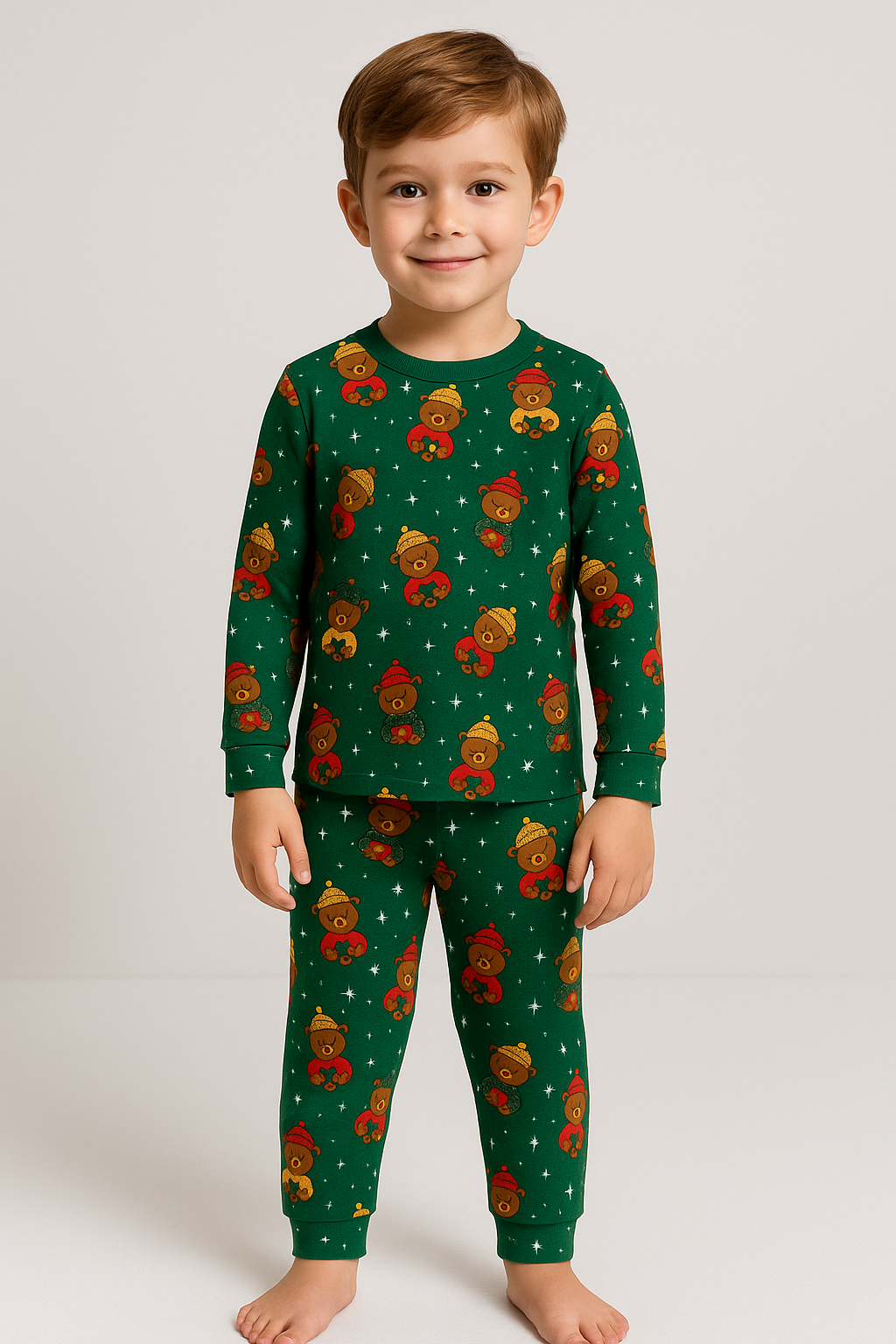 Çocuk Teddy Desenli Kutulu Yılbaşı Pijama Takımı Yeşil