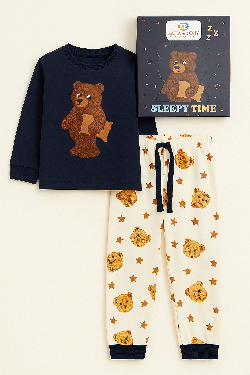Çocuk Uykucu Teddy Desenli Kutulu Pijama Takımı Lacivert