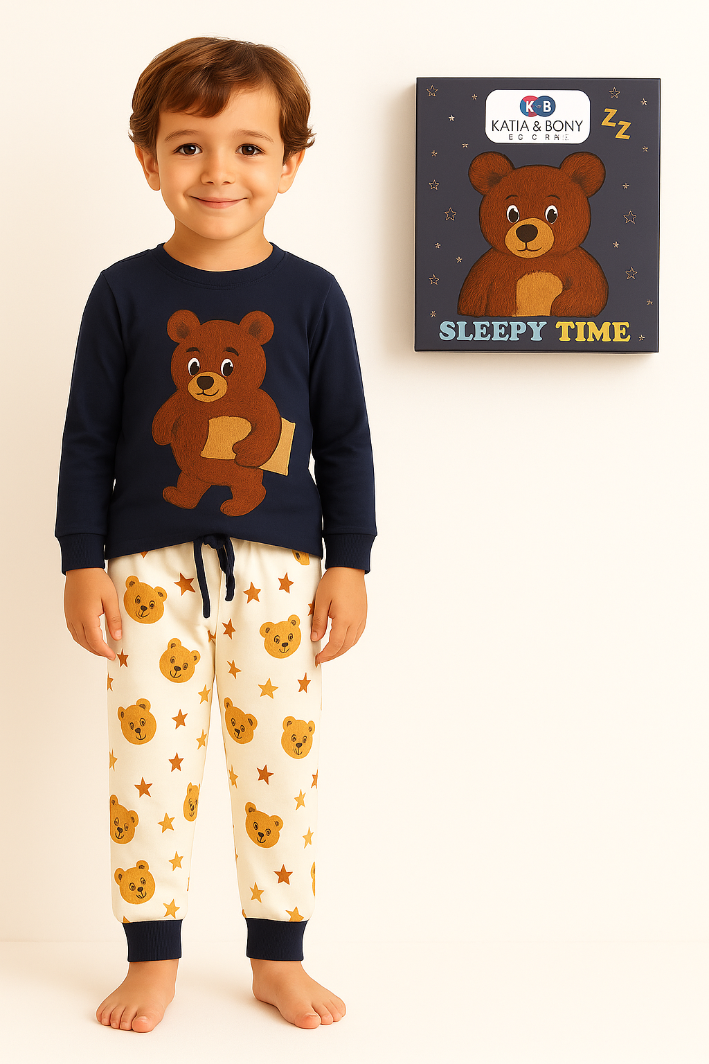 Çocuk Uykucu Teddy Desenli Kutulu Pijama Takımı Lacivert