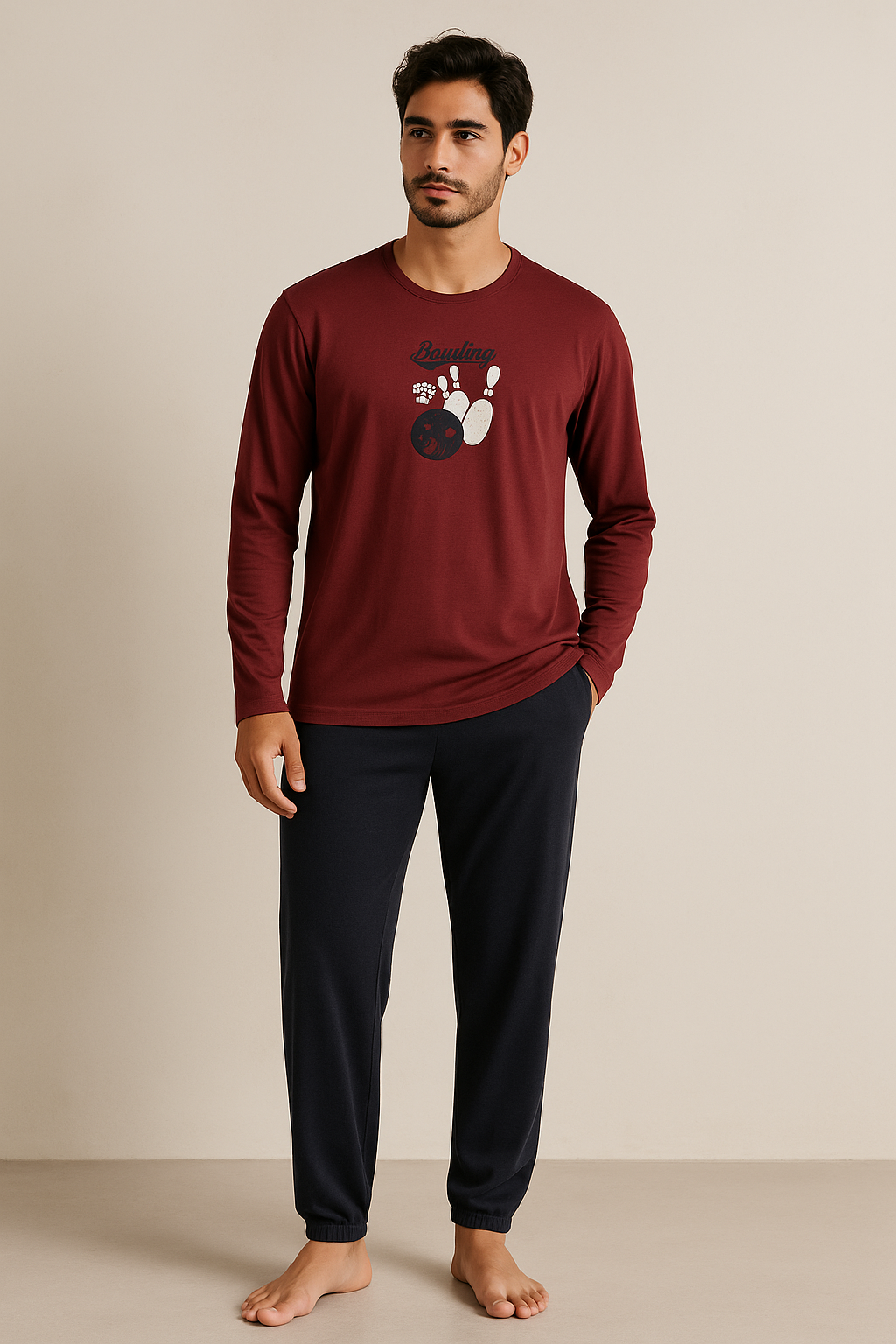 Erkek Bowling Baskılı Pijama Takımı Bordo