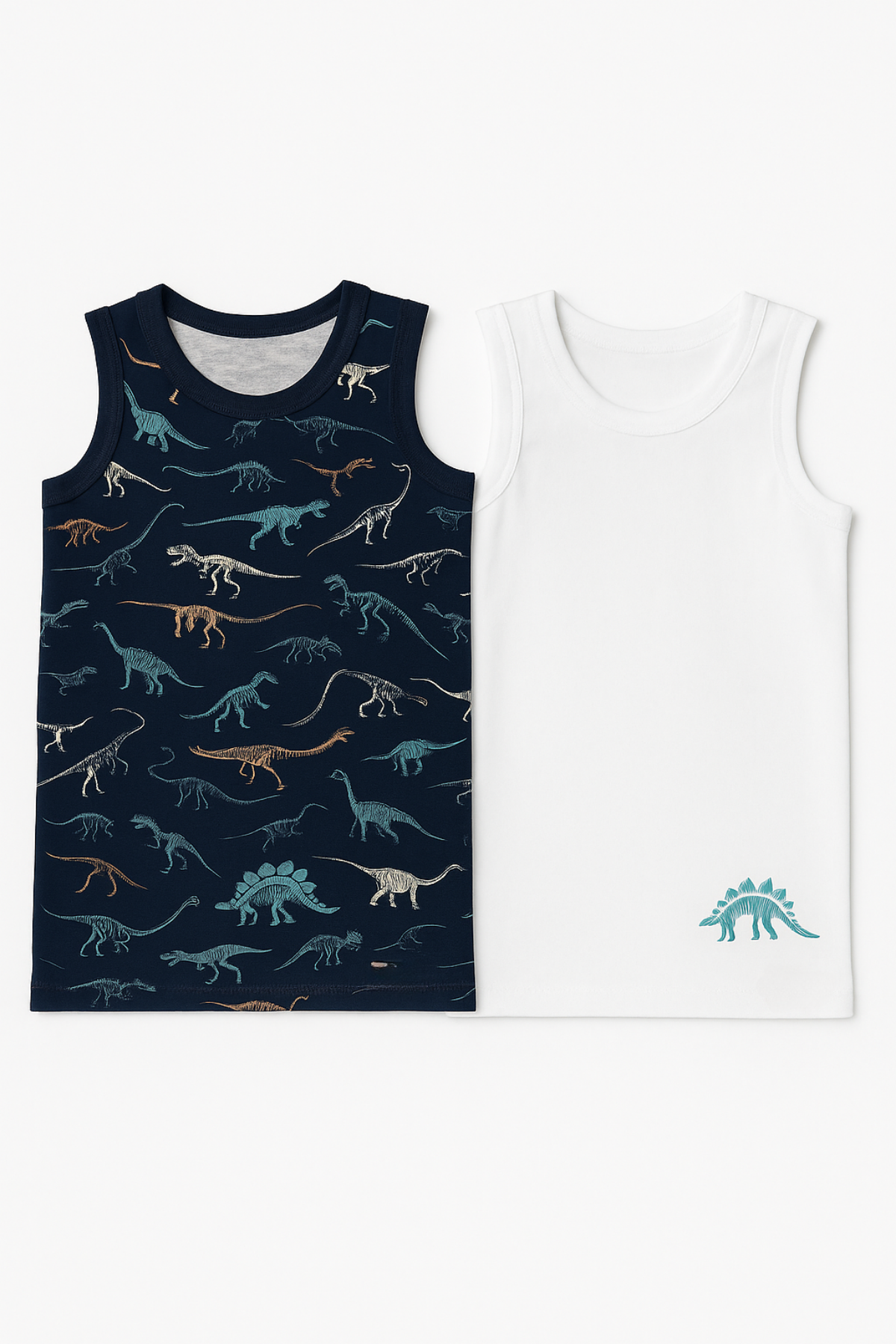 Erkek Çocuk Dinozor Desenli 2'li Paket Atlet Beyaz/Lacivert