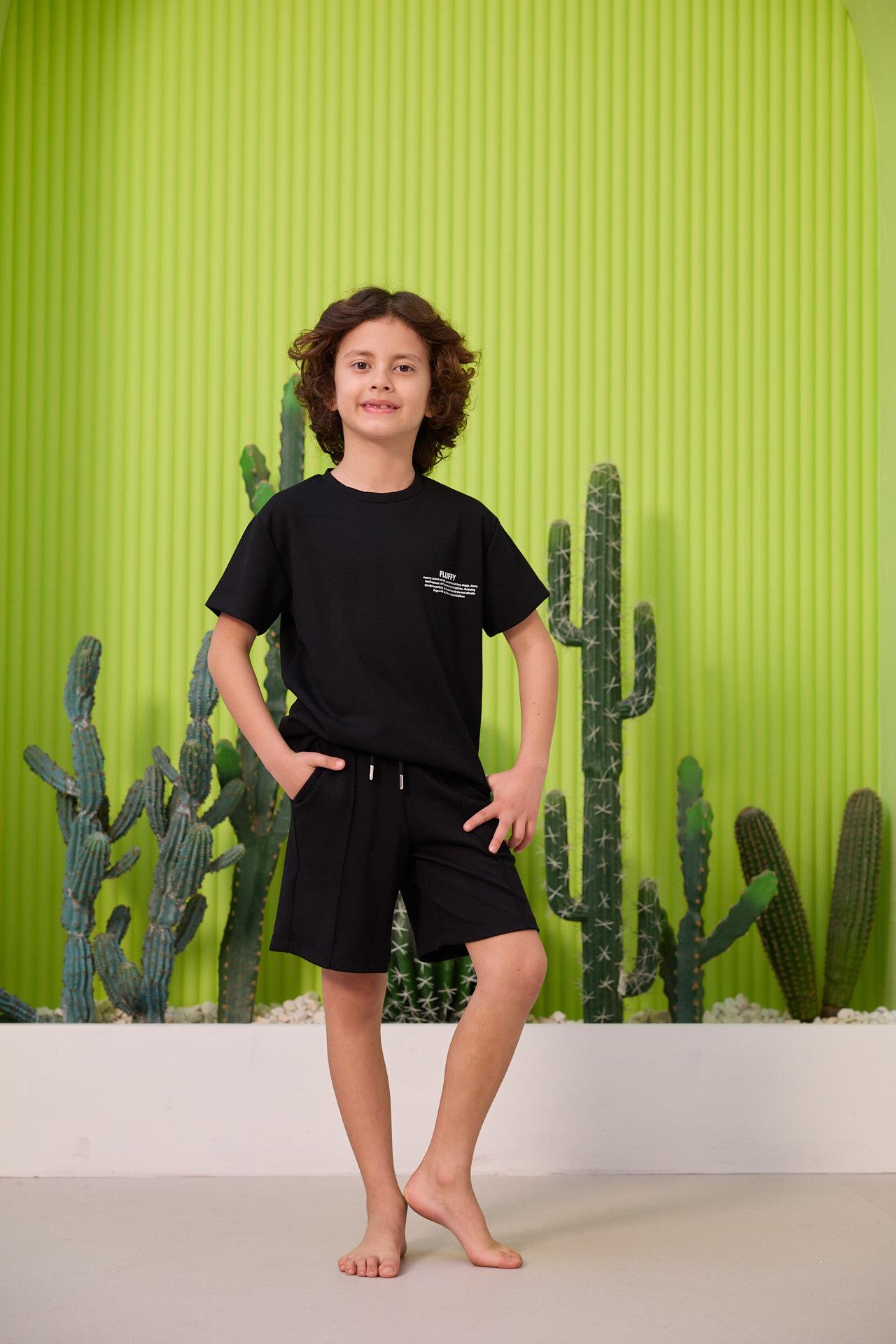 Boys Black Color Tie-Waist Shorts