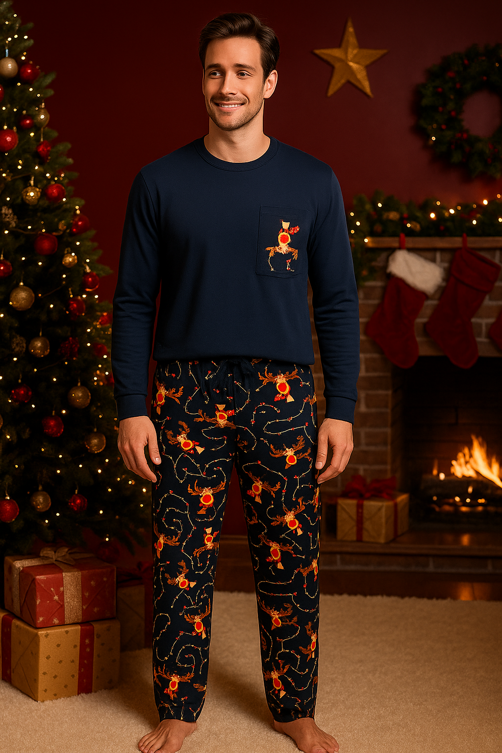 Erkek Geyik Desenli Kutulu Yılbaşı Pijama Takımı Lacivert