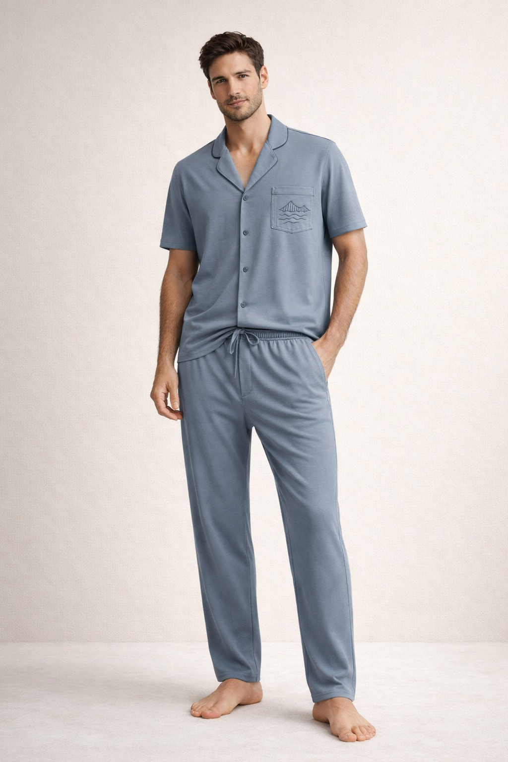 Erkek İstanbul Serisi Boğaz Köprüsü Desenli Premium Kutulu Pijama Takımı Mavi