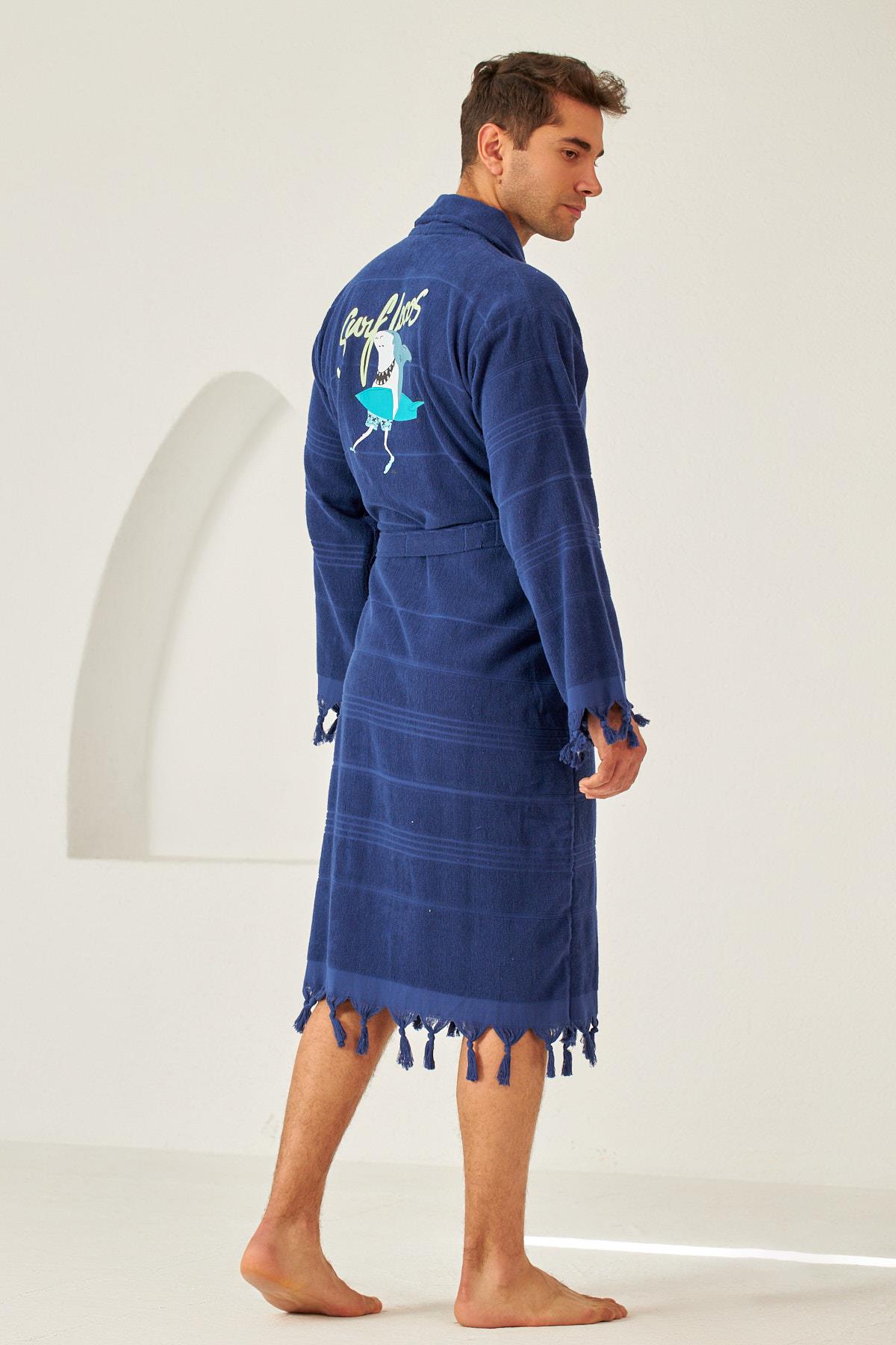 Erkek Lacivert Renkli Köpekbalığı Baskılı Havlu Bornoz