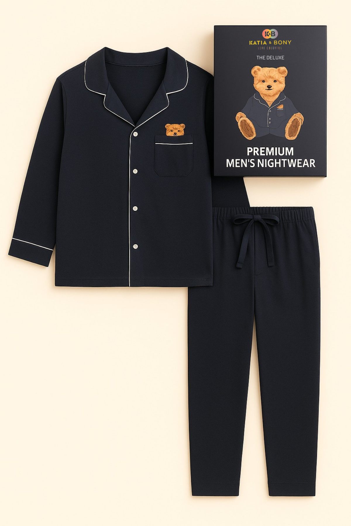 Erkek Teddy Desenli Kutulu Pijama Takımı Lacivert