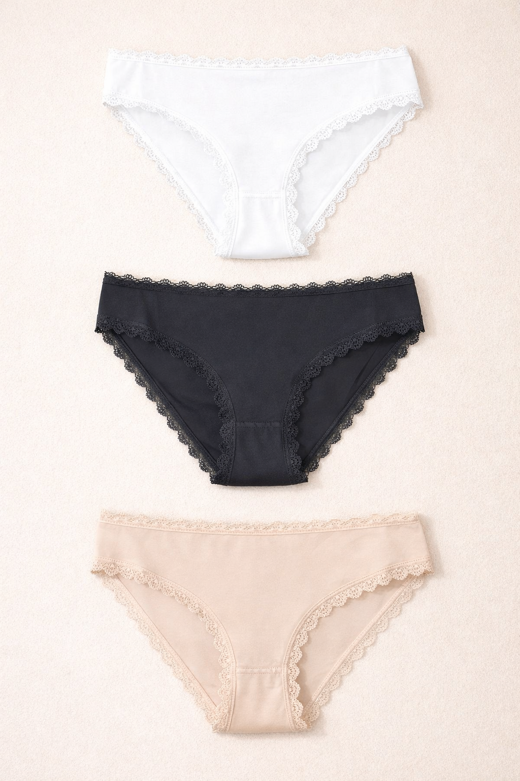 Kadın 3'lü Dantelli Basic Slip Külot Siyah/Beyaz/Nude