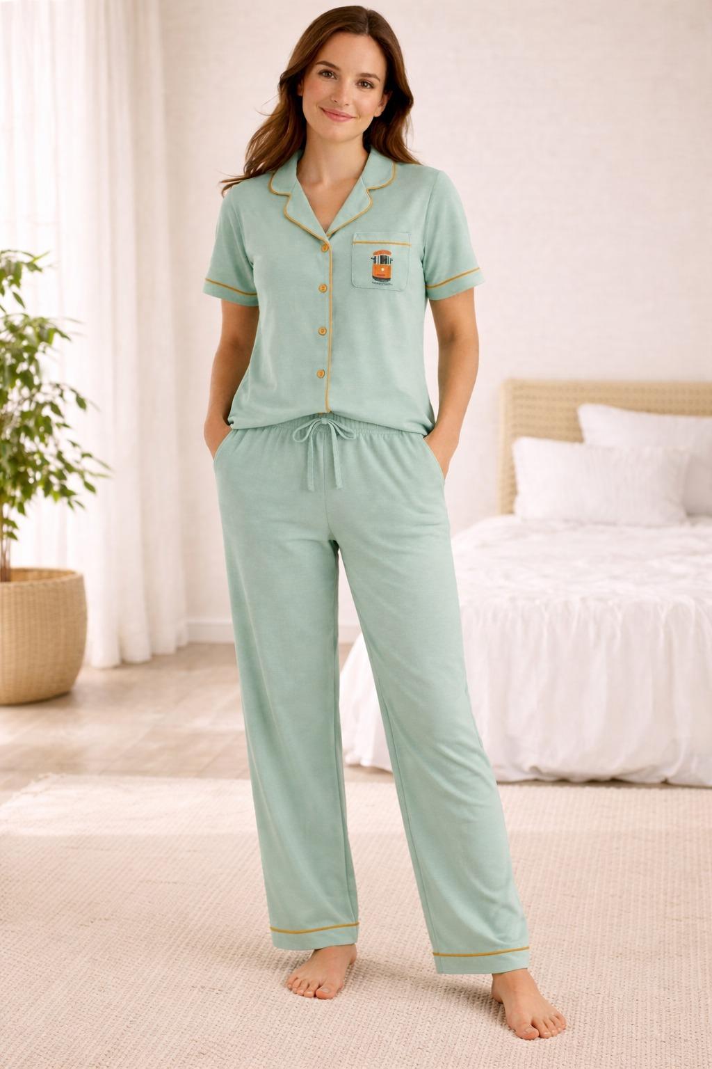 Kadın İstanbul Serisi Tren Desenli Premium Kutulu Pijama Takımı Yeşil