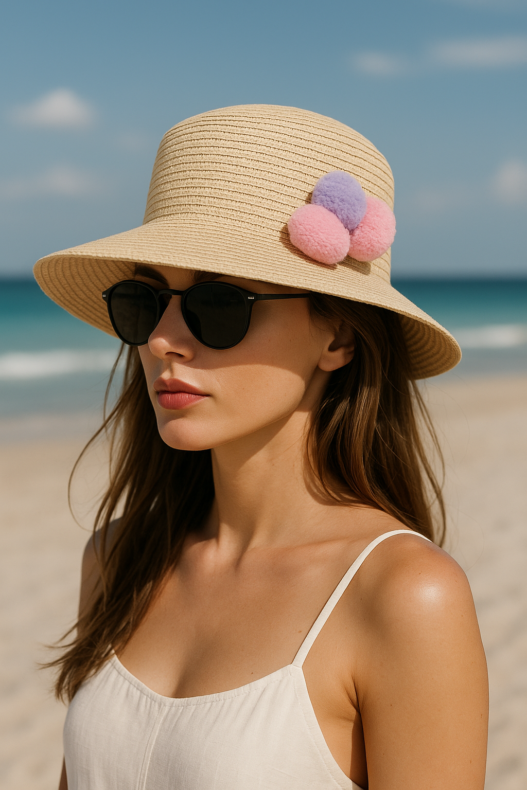 Kadın Ponponlu Hasır Şapka Bej