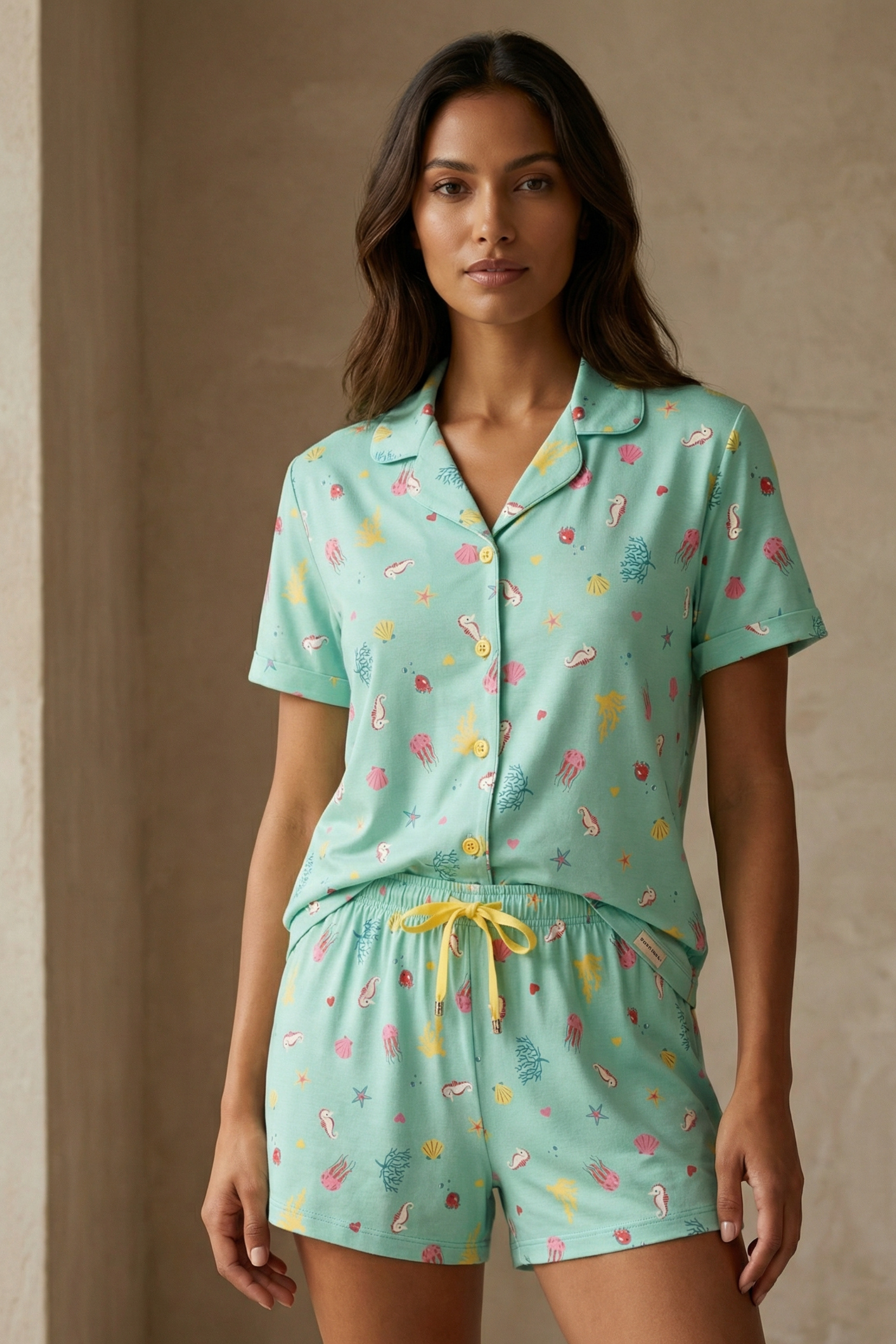 Kadın Sea La Vie Denizaltı Desenli Düğmeli Pijama Takımı Mavi