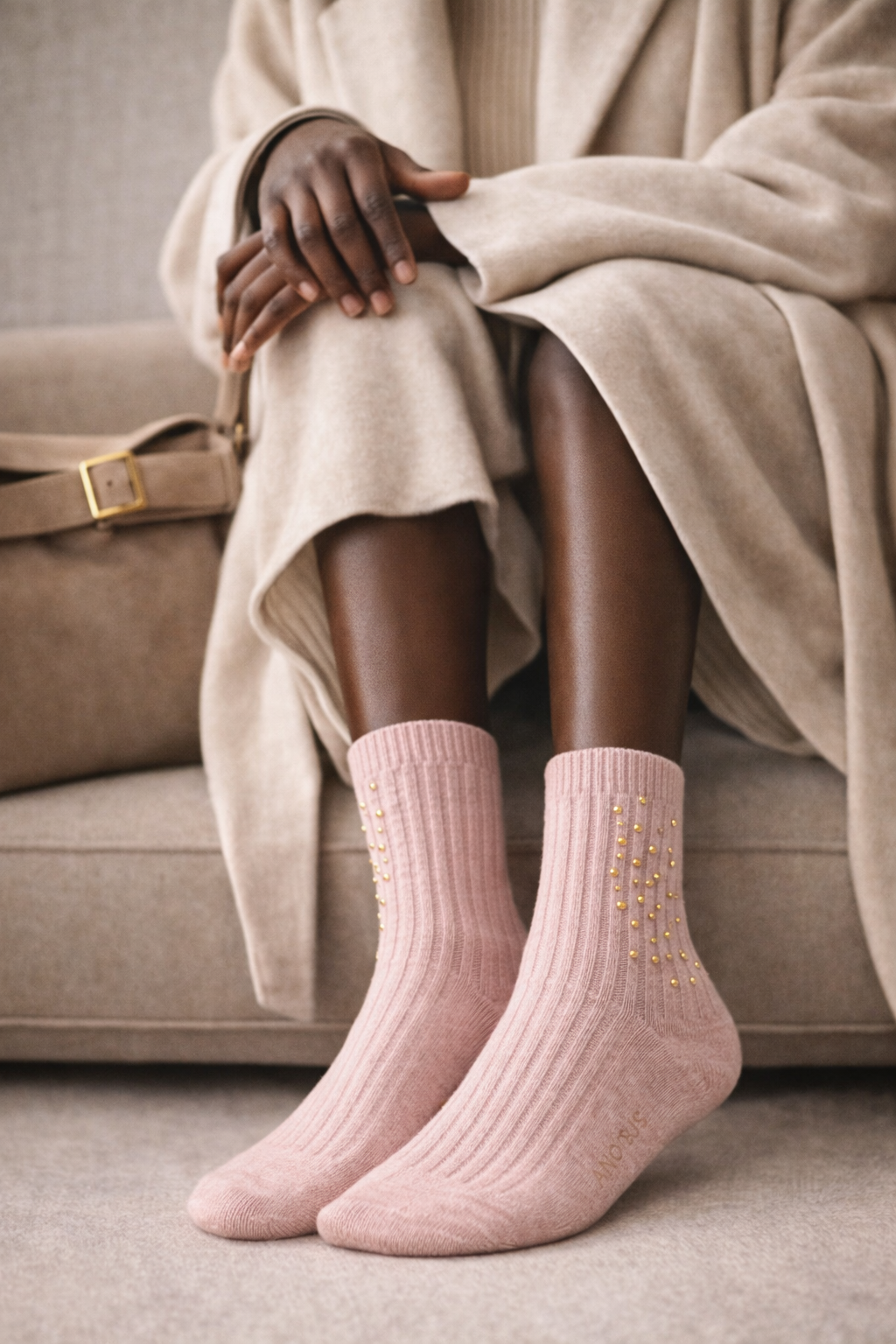 Kadın Taş Aksesuarlı Fitilli Yün Soket Çorap Pembe