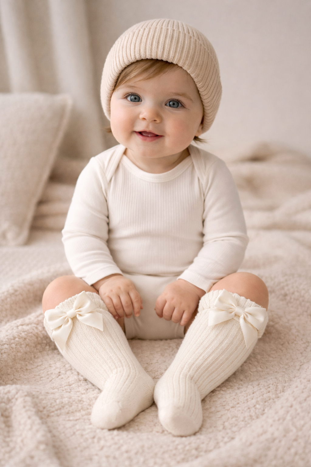 Kız Bebek Aksesuarlı Dizaltı Çorap Ekru