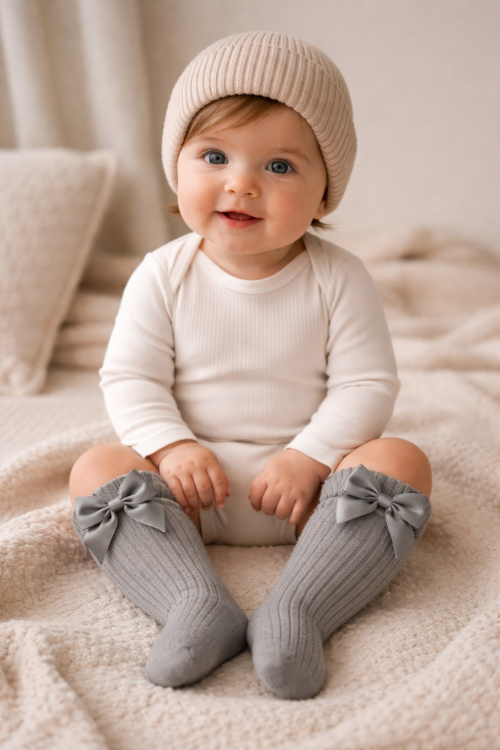 Kız Bebek Aksesuarlı Dizaltı Çorap Gri Melanj