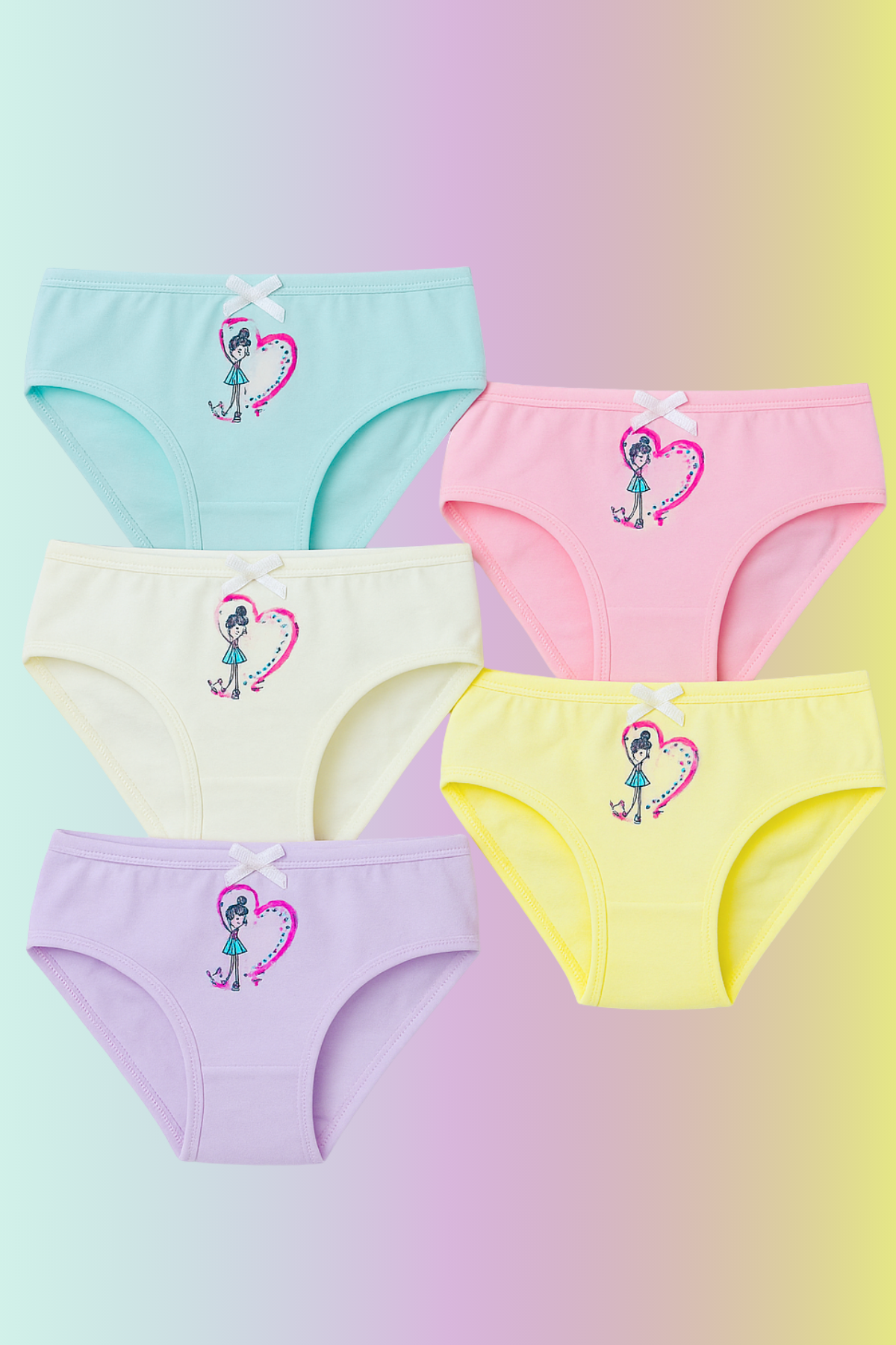 Kız Çocuk 5'li Kalpli Külot Çok Renkli