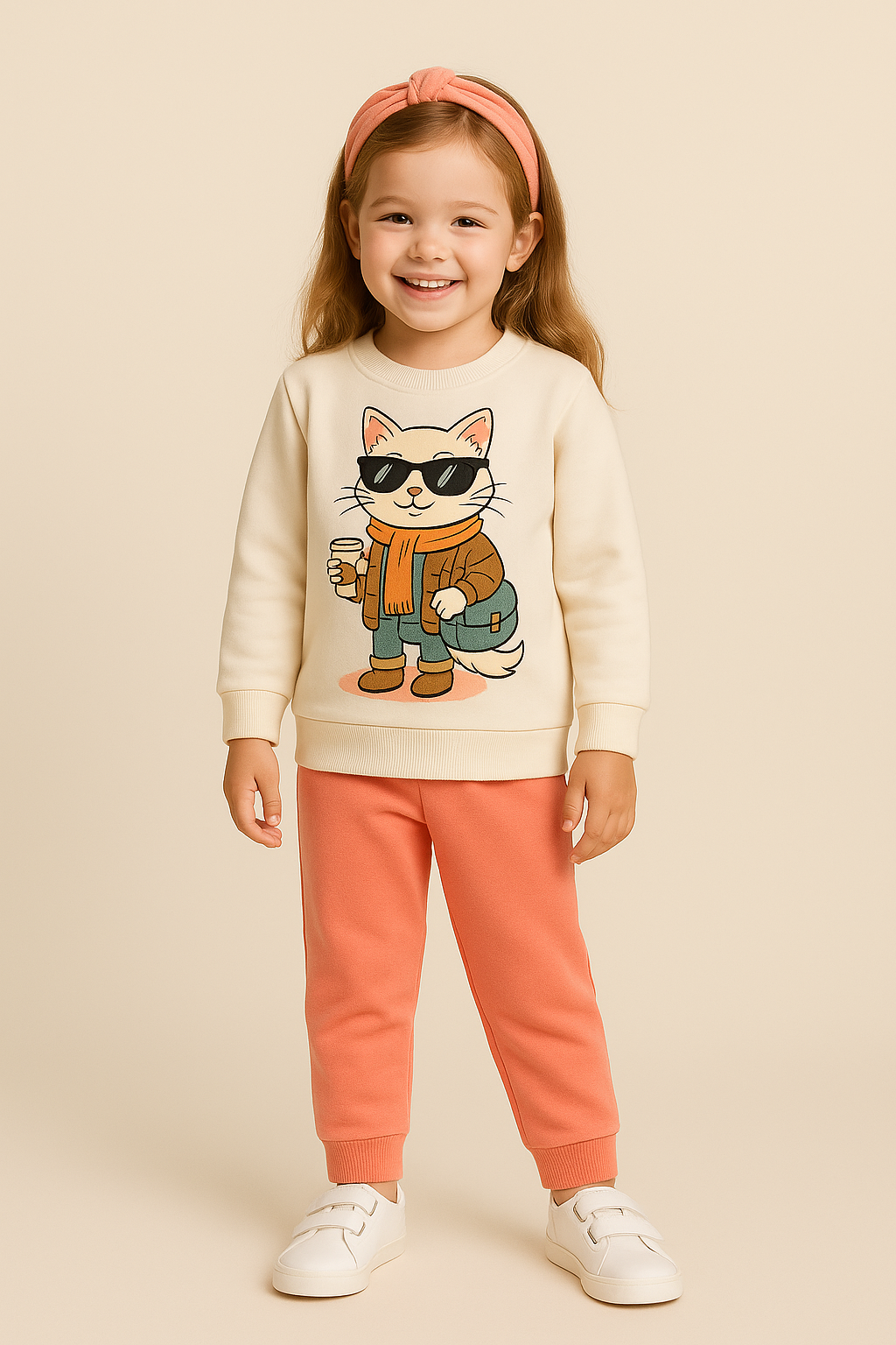 Kız Çocuk Gözlüklü Kedi Desenli Eşofman Takımı