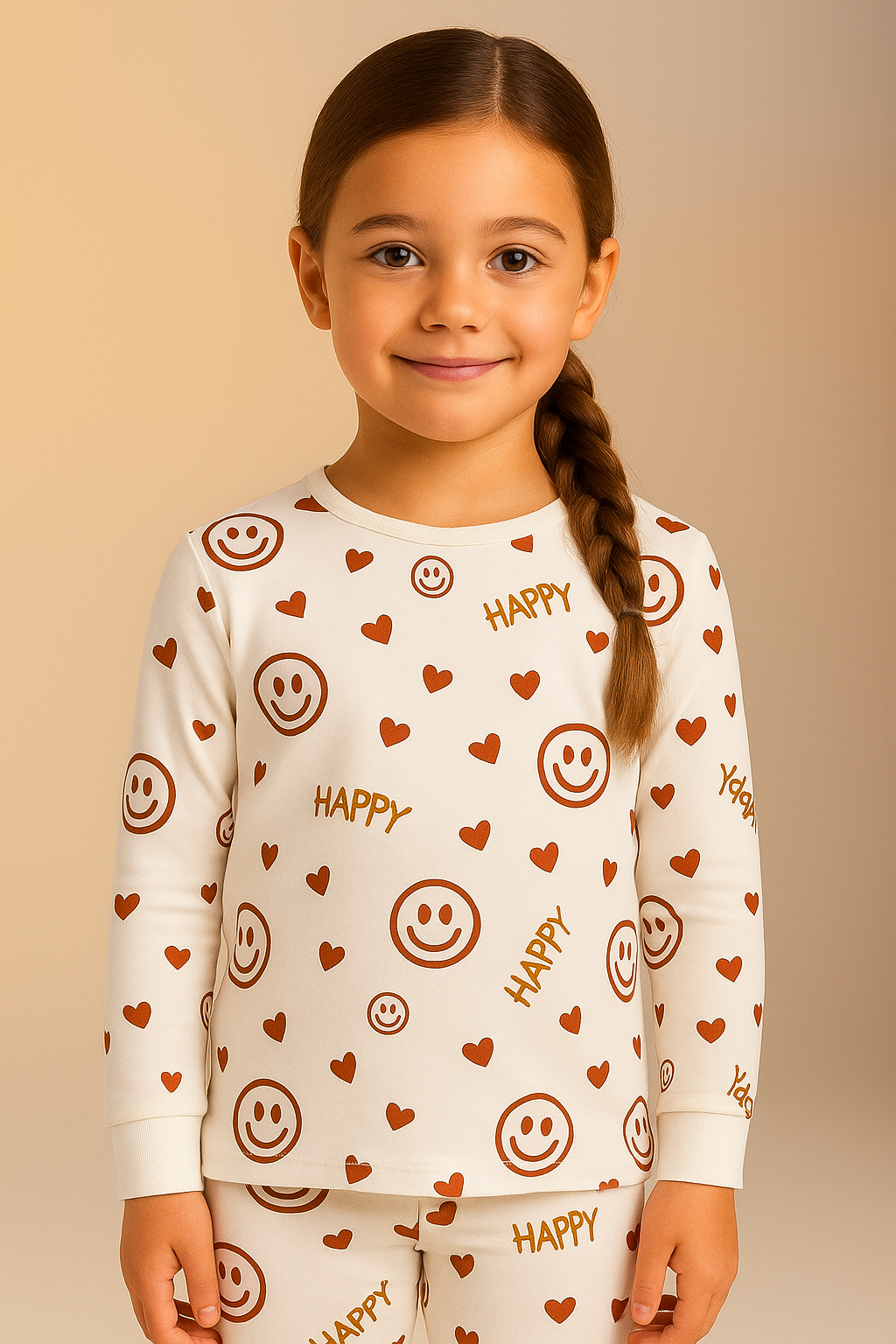 Kız Çocuk Gülen Yüz Desenli Kutulu Pijama Takımı Ekru