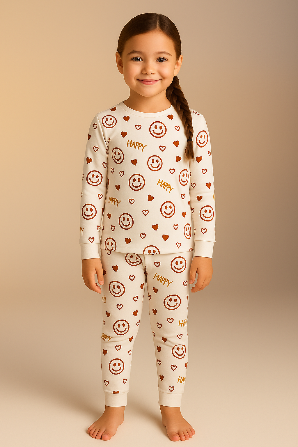 Kız Çocuk Gülen Yüz Desenli Kutulu Pijama Takımı Ekru