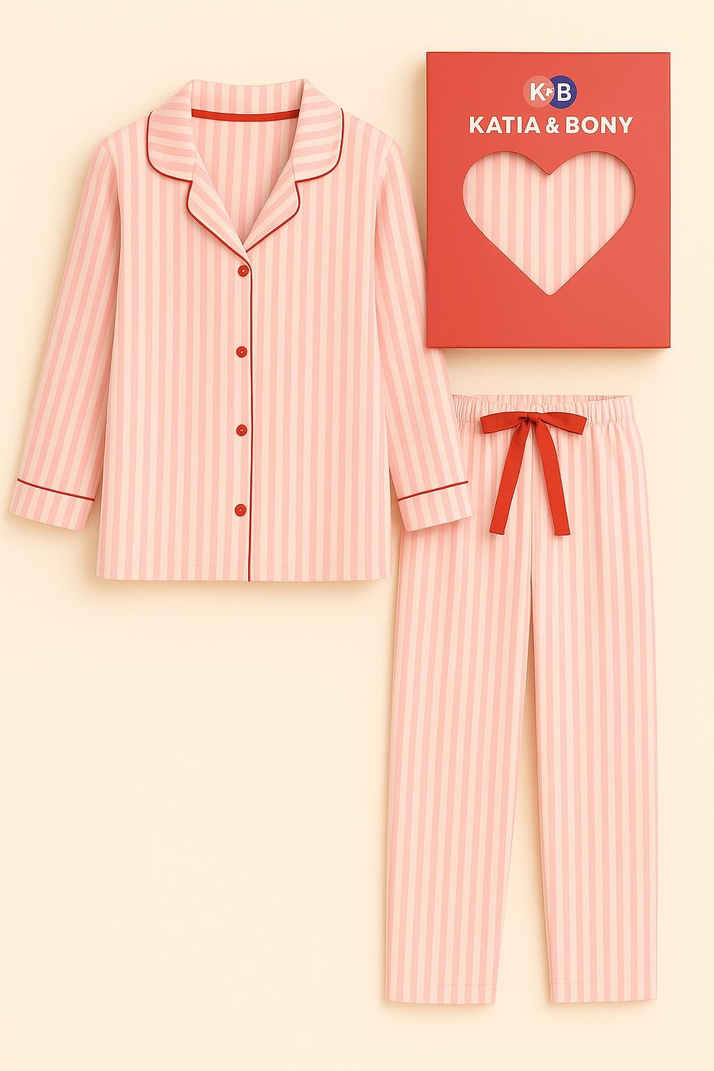 Kız Çocuk Kalpli Kutulu Çizgili Pijama Takımı Pembe