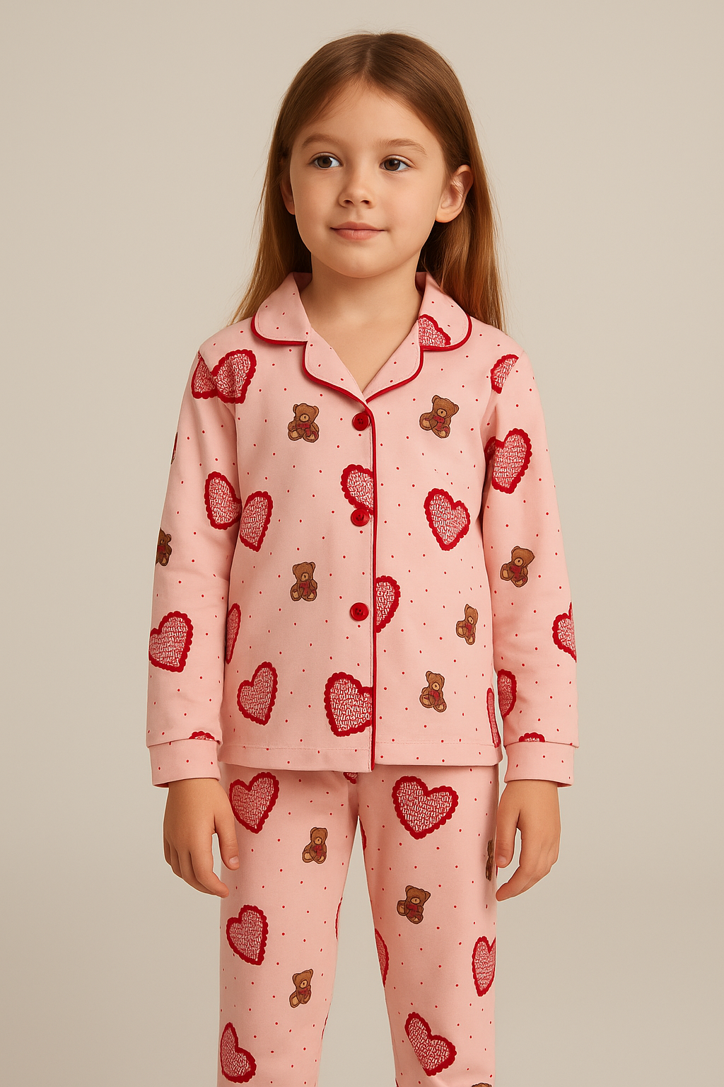 Kız Çocuk Kalpli Teddy Desenli Pijama Takımı Pembe