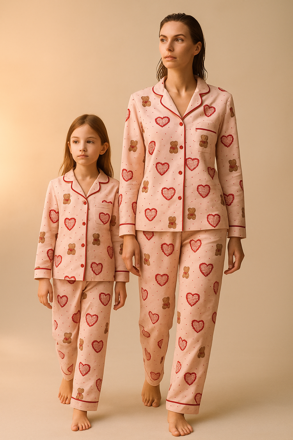 Kız Çocuk Kalpli Teddy Desenli Pijama Takımı Pembe