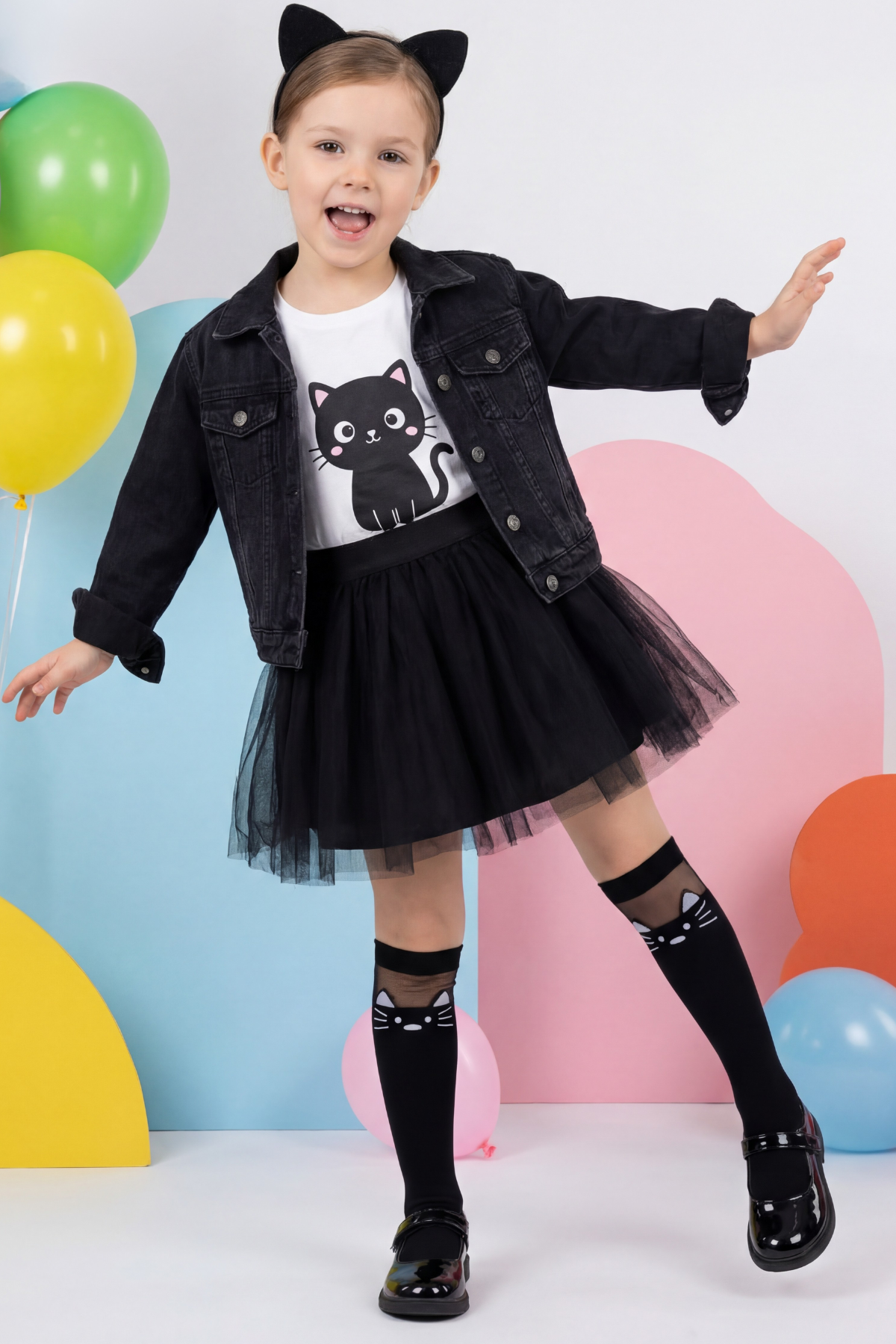 Kız Çocuk Kedi Desenli Mus Dizaltı Çorap Siyah