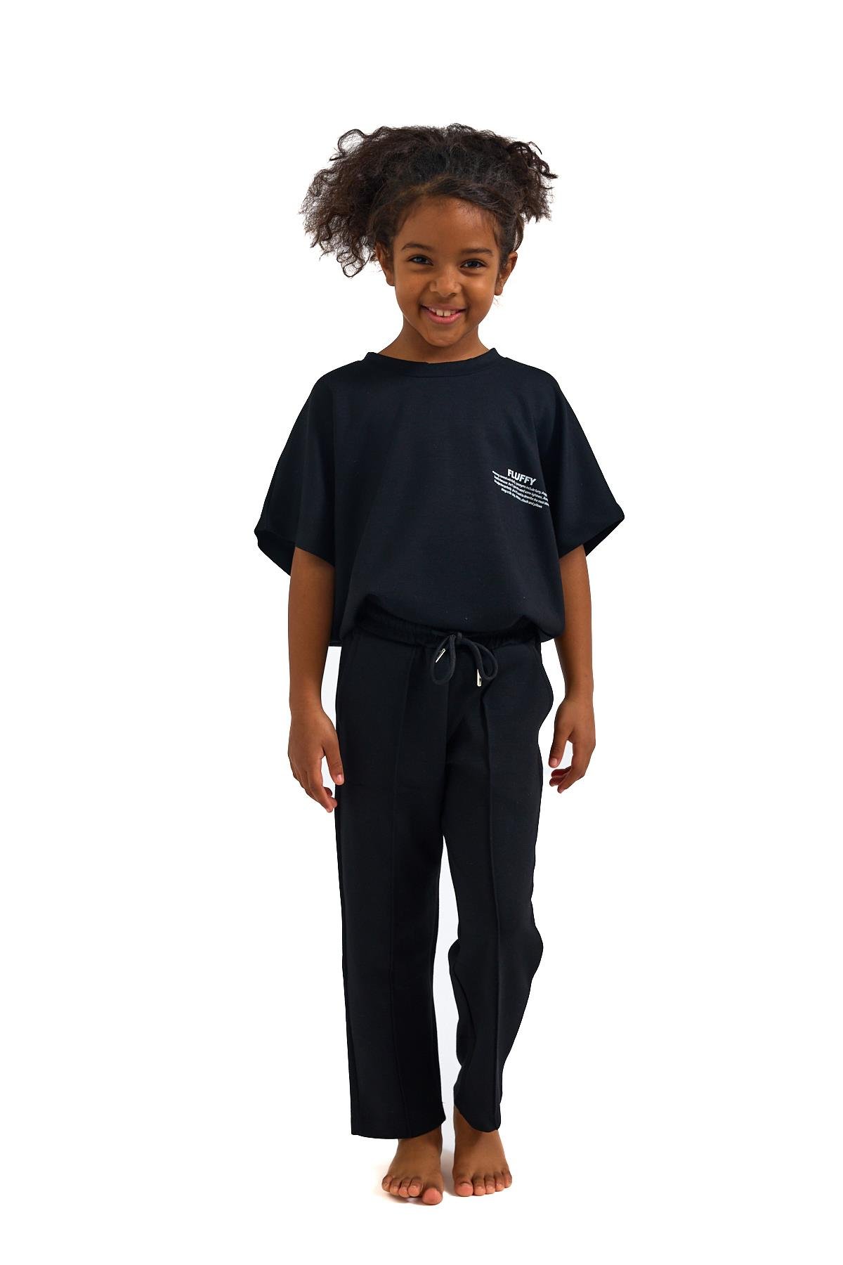 Kız Çocuk Siyah Renkli Fitilli Beli Bağlamalı Eşofman Altı