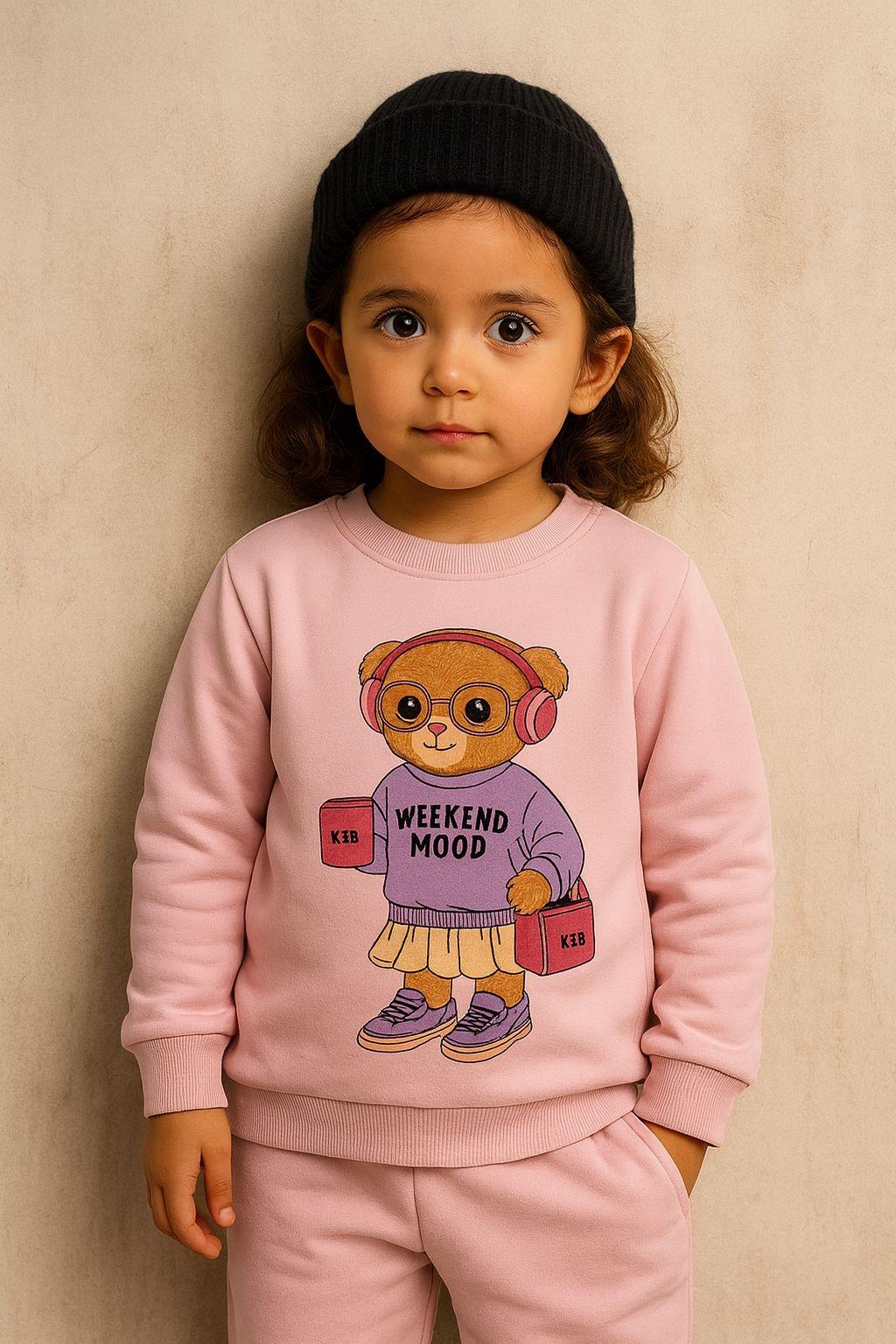 Kız Çocuk Teddy Desenli Eşofman Takımı Pembe