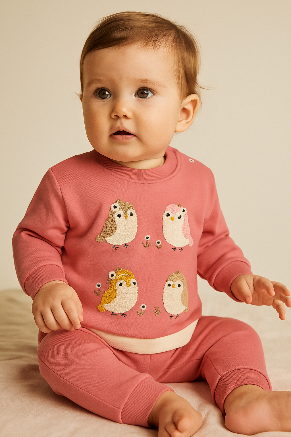 Nakışlı Kuş Desenli Bebek Takım Pembe