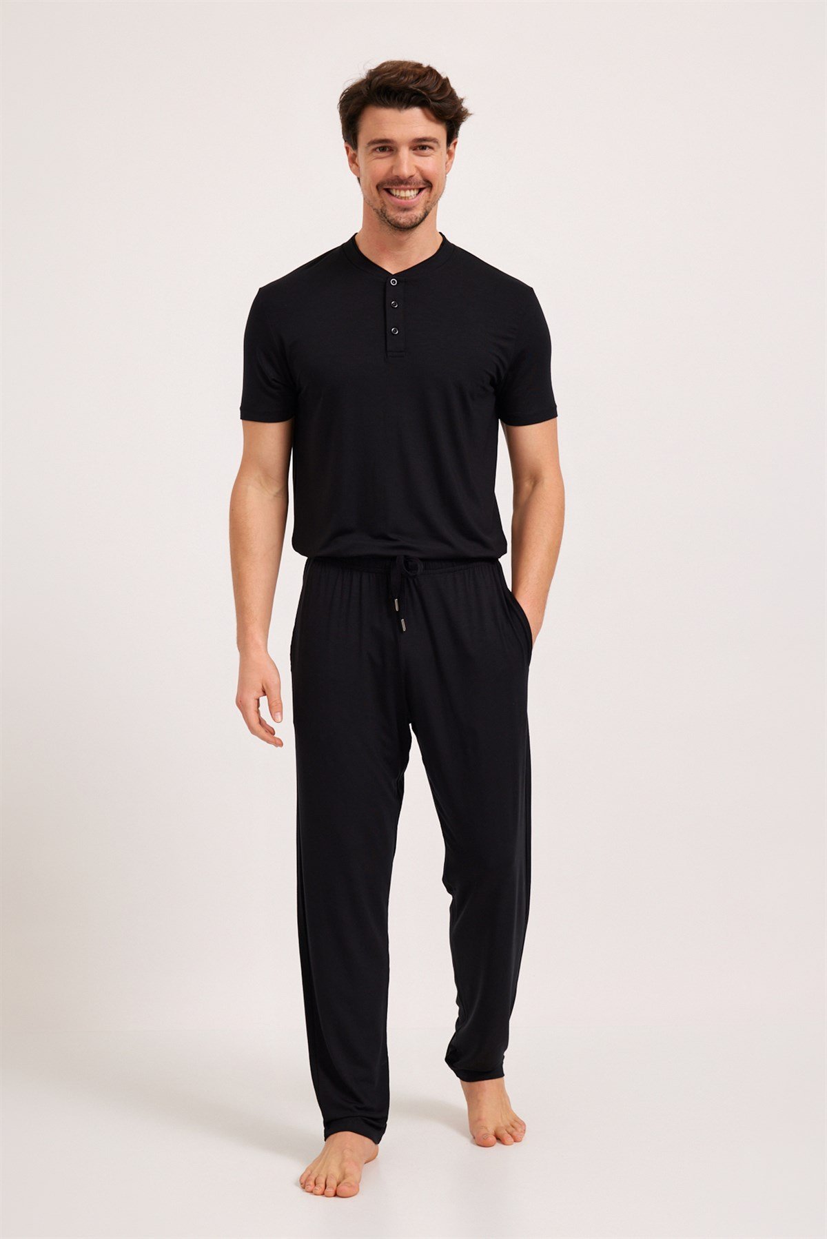 Erkek  Silver Düğmeli Pijama Üst Siyah