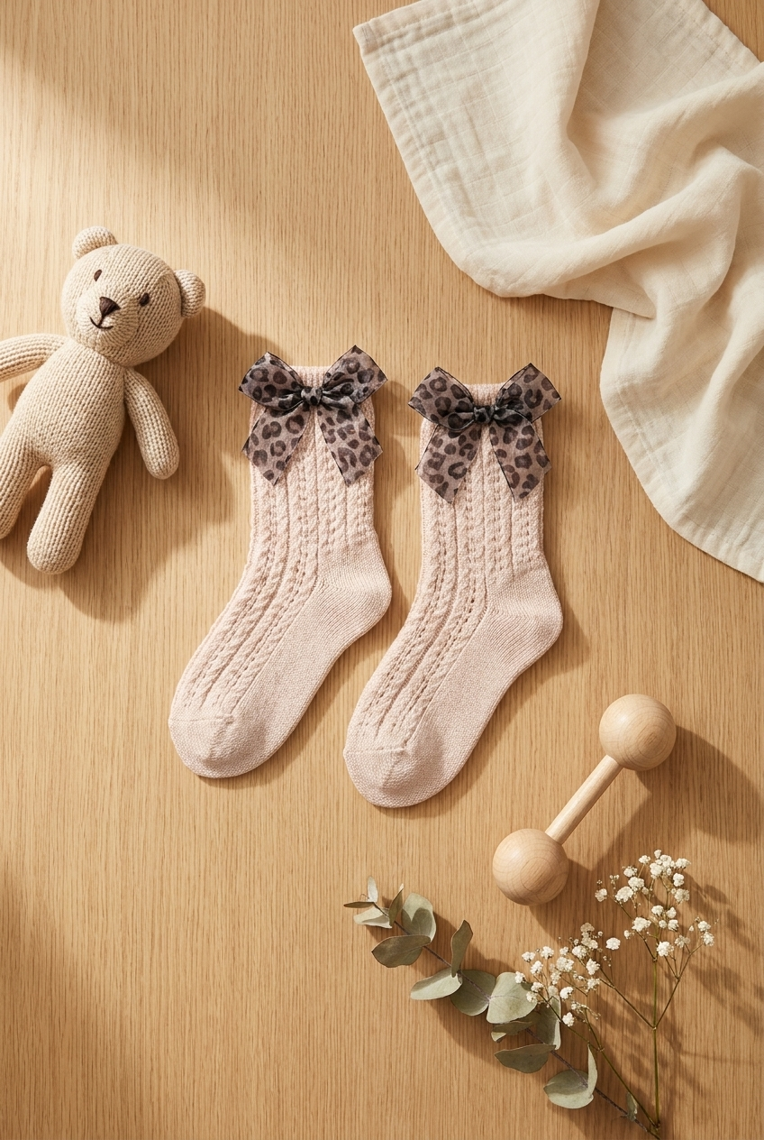  Kız Bebek Leopar Tül Fiyonklu Soket Çorap Gri Melanj
