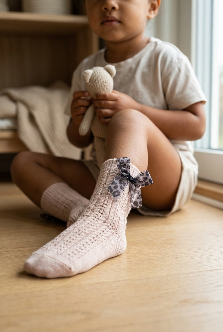  Kız Bebek Leopar Tül Fiyonklu Soket Çorap Gri Melanj