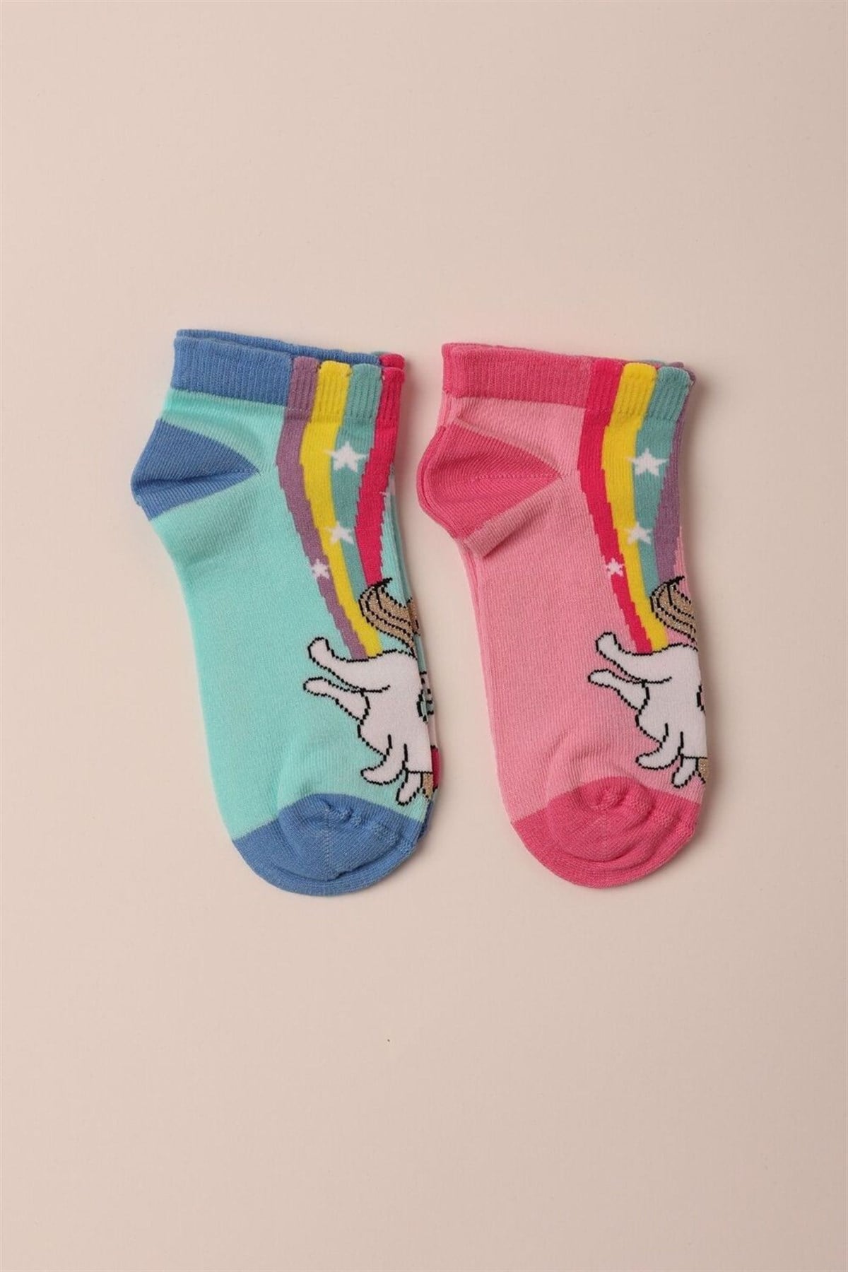 12201K2011 2PCK FUNNY UNICORN GIRLS STEP SOCKS-Yeşil/Pembe