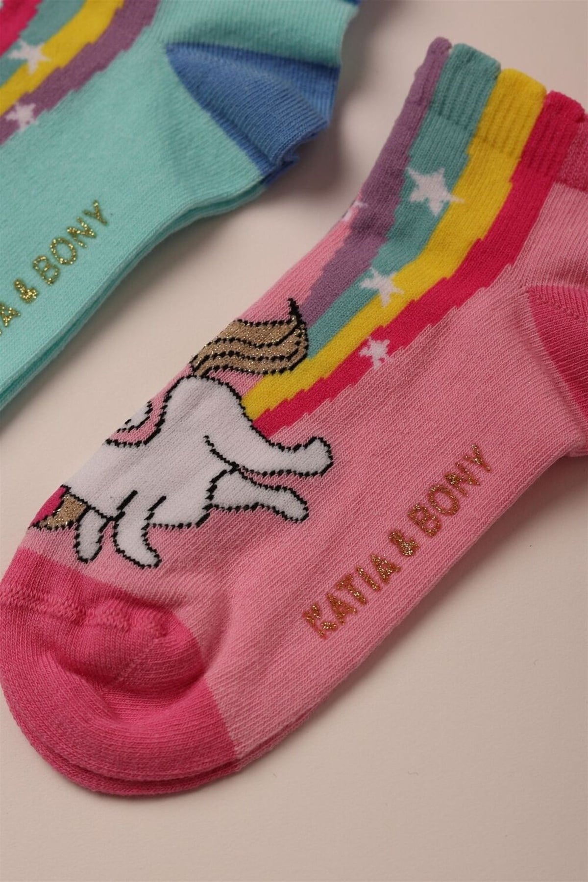 12201K2011 2PCK FUNNY UNICORN GIRLS STEP SOCKS-Yeşil/Pembe