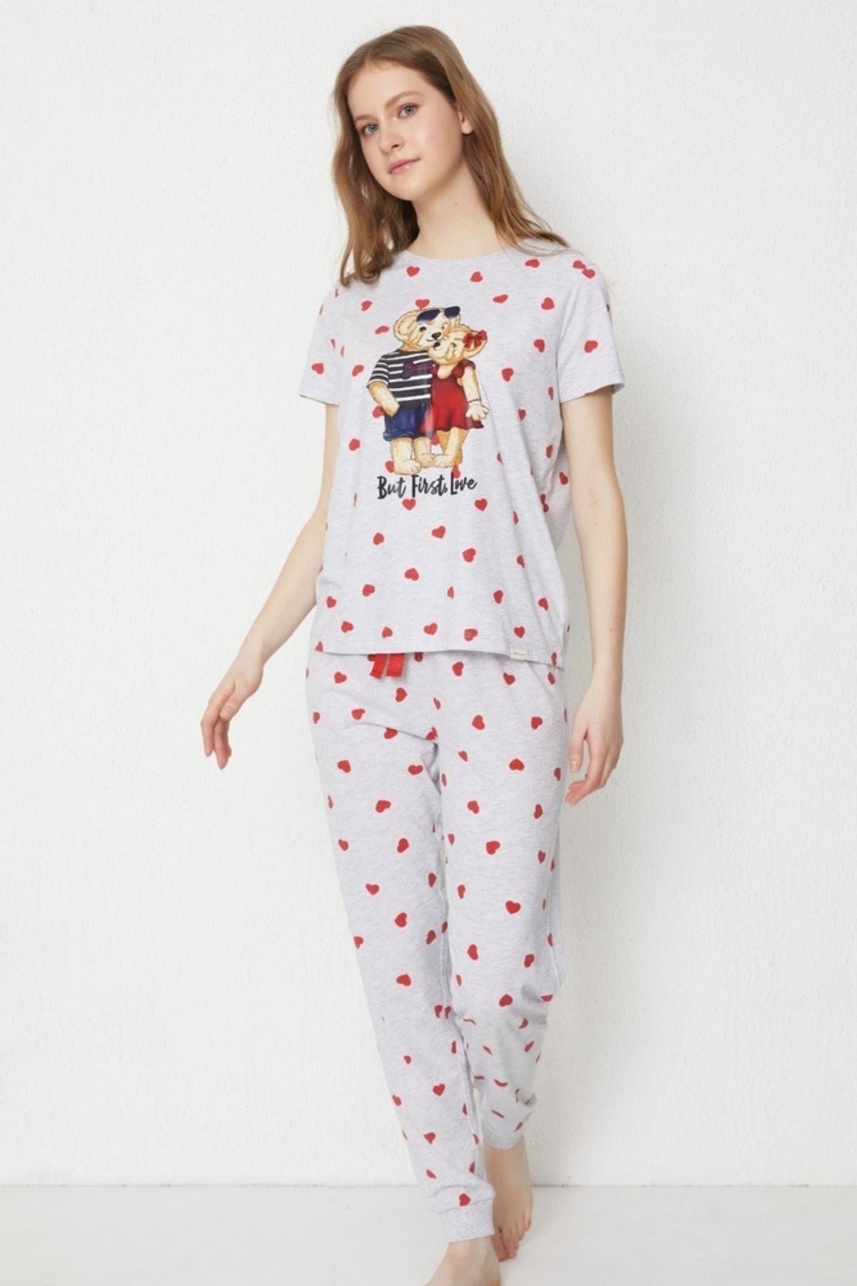 12212W3011 LOVE TEDDY BEAR BASKILI KADIN PİJAMA TK-Desenli