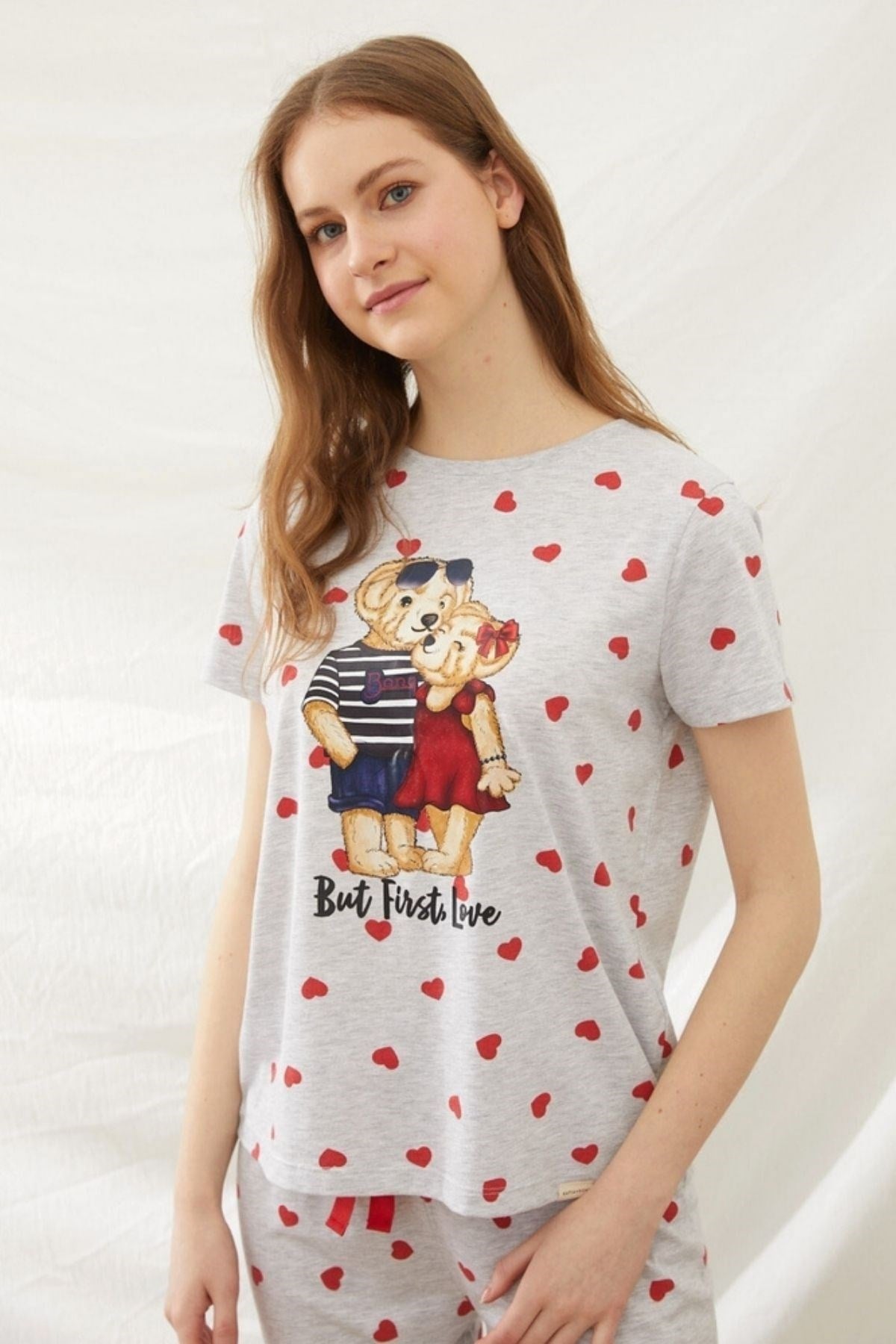 12212W3011 LOVE TEDDY BEAR BASKILI KADIN PİJAMA TK-Desenli