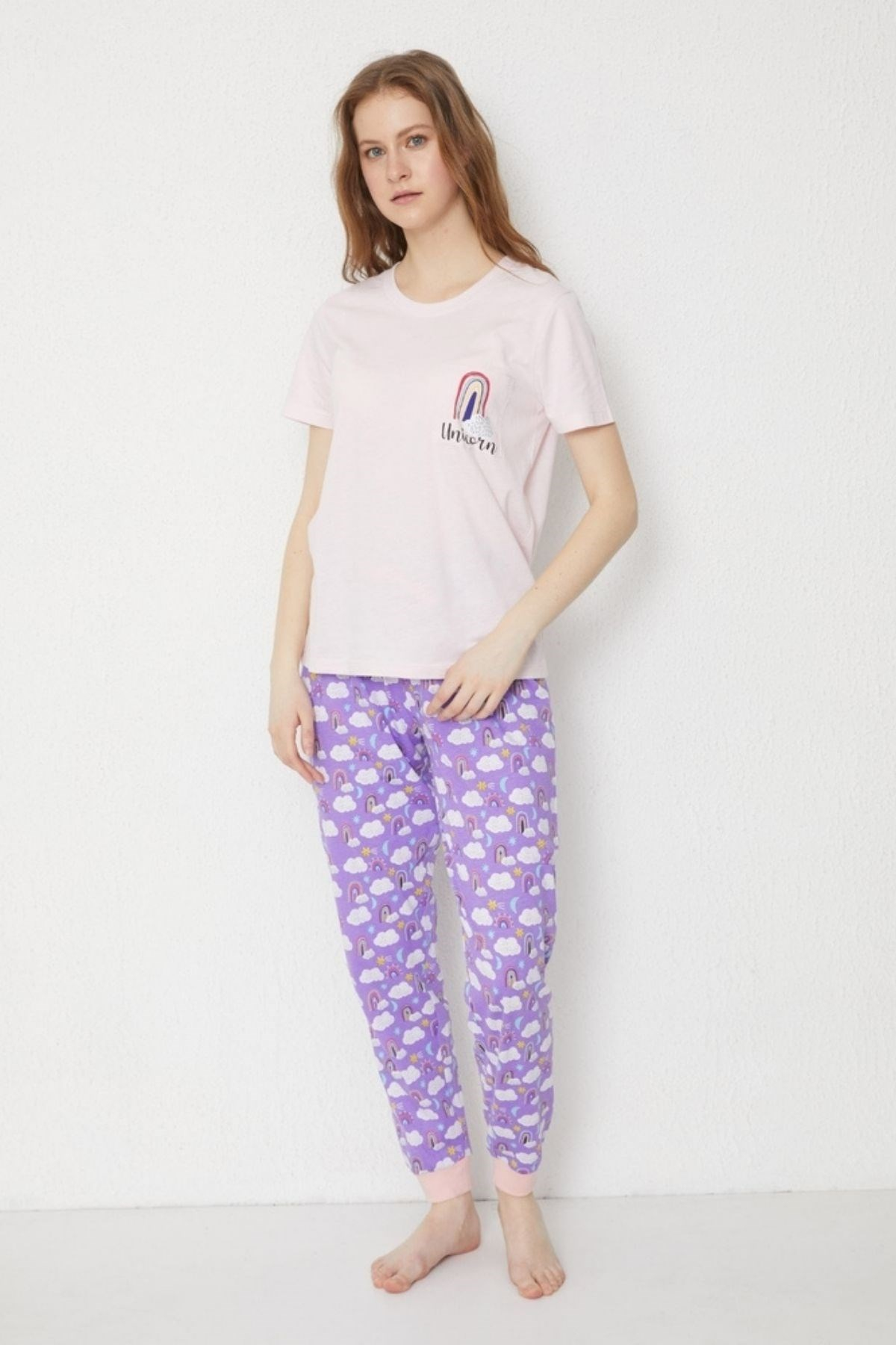 12212W3019 UNICORN DESENLİ KADIN PİJAMA TK.-Gül Pembe