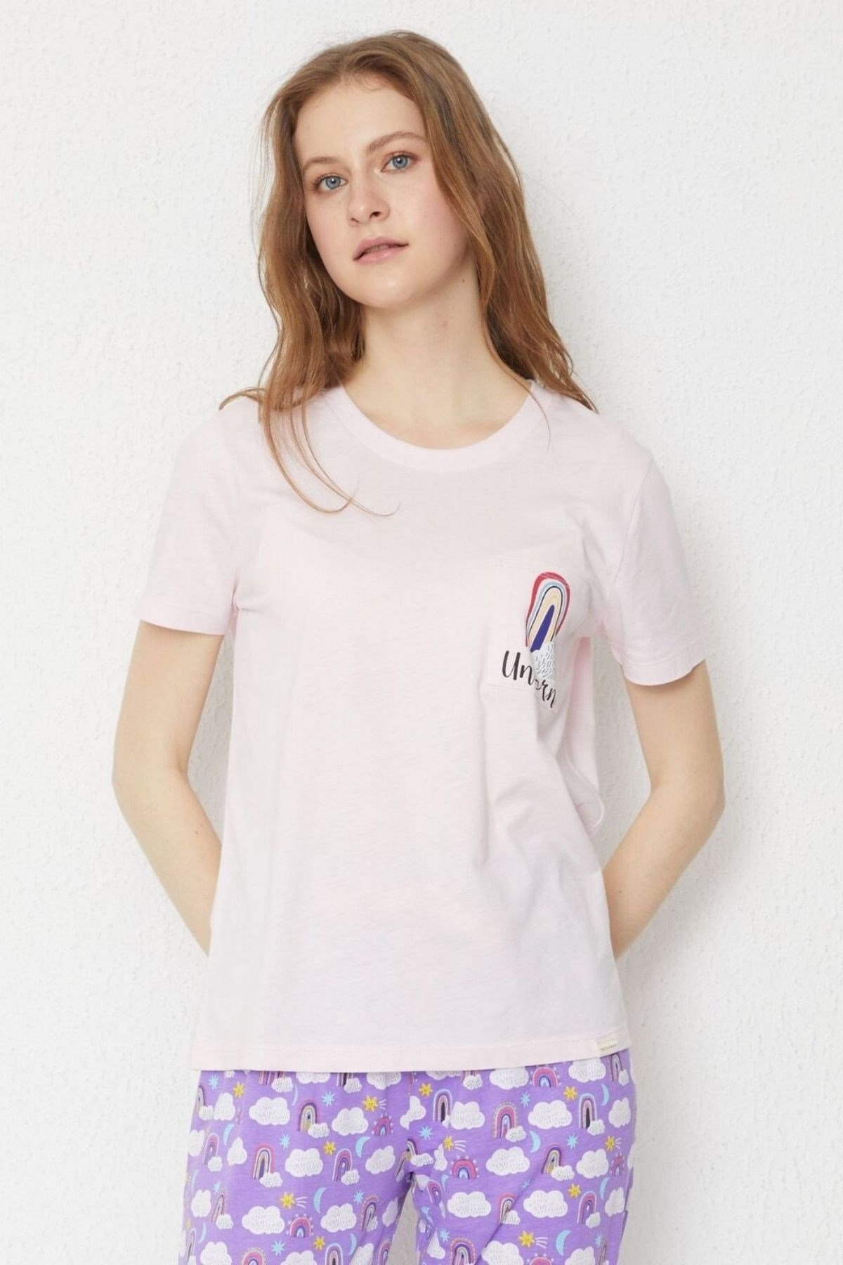 12212W3019 UNICORN DESENLİ KADIN PİJAMA TK.-Gül Pembe