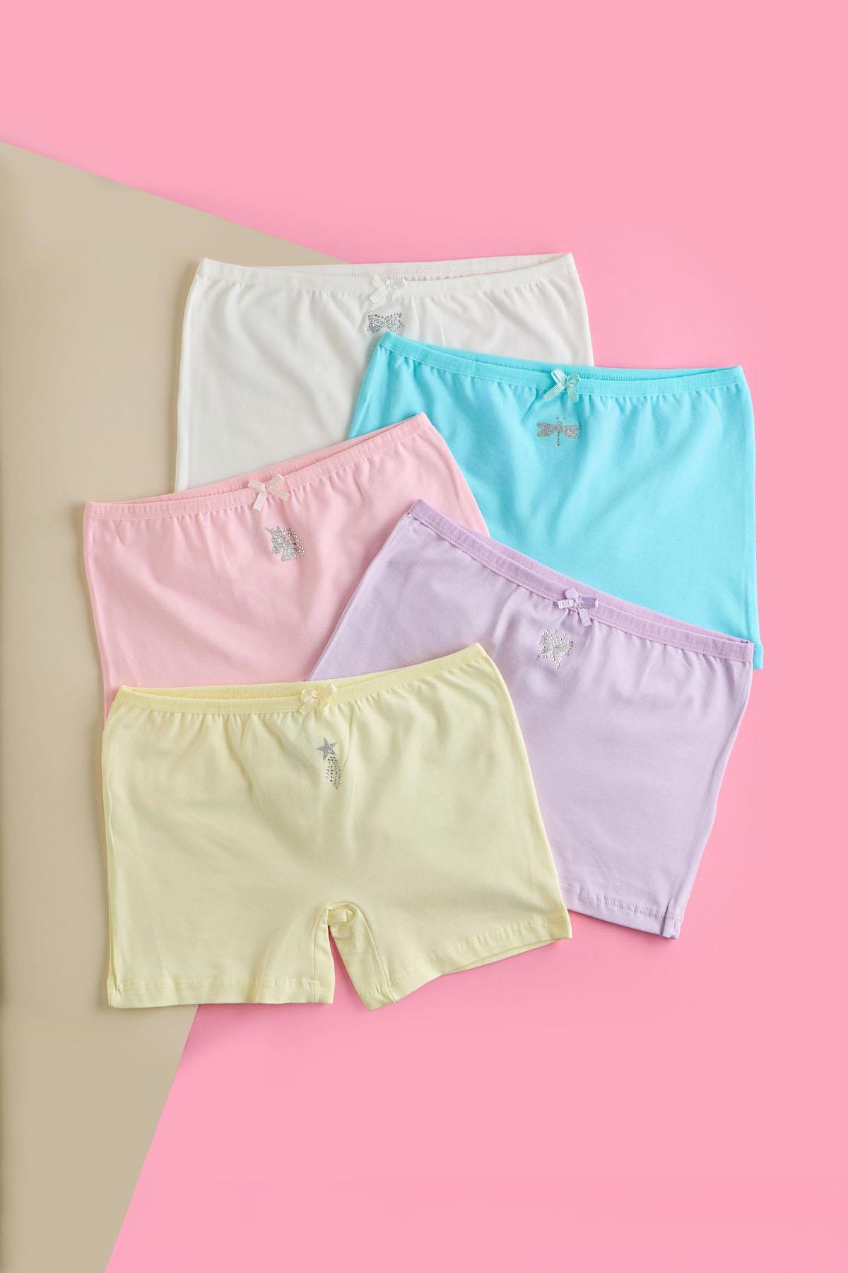 12401G2259 KIZ ÇOCUK 5 Lİ PCK FİYONKLU BOXER ÇOK RENKLİ